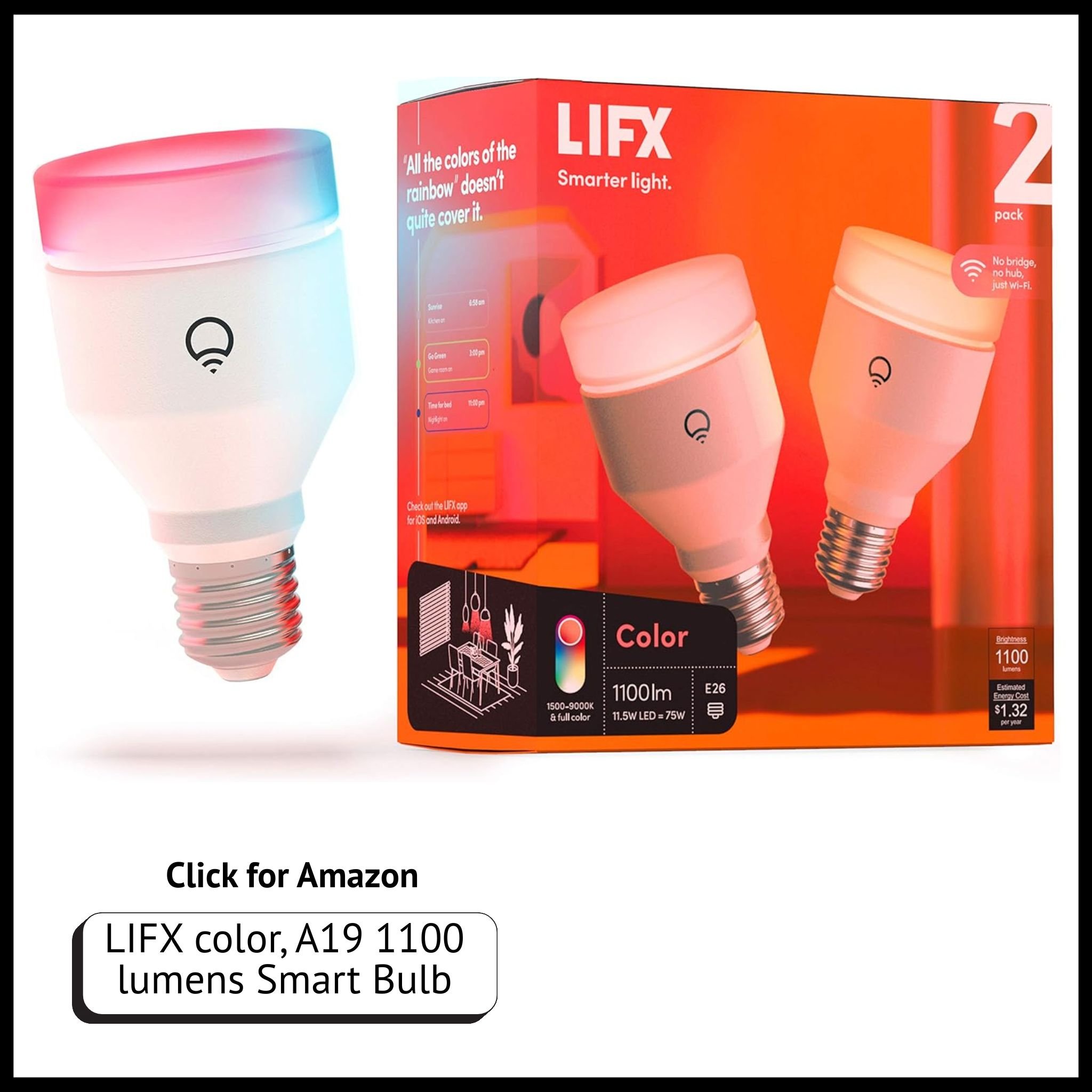 LIFX A19 smart LED bulb – 1100 lumens, Wi-Fi connected with billions of colors and adjustable white lighting.