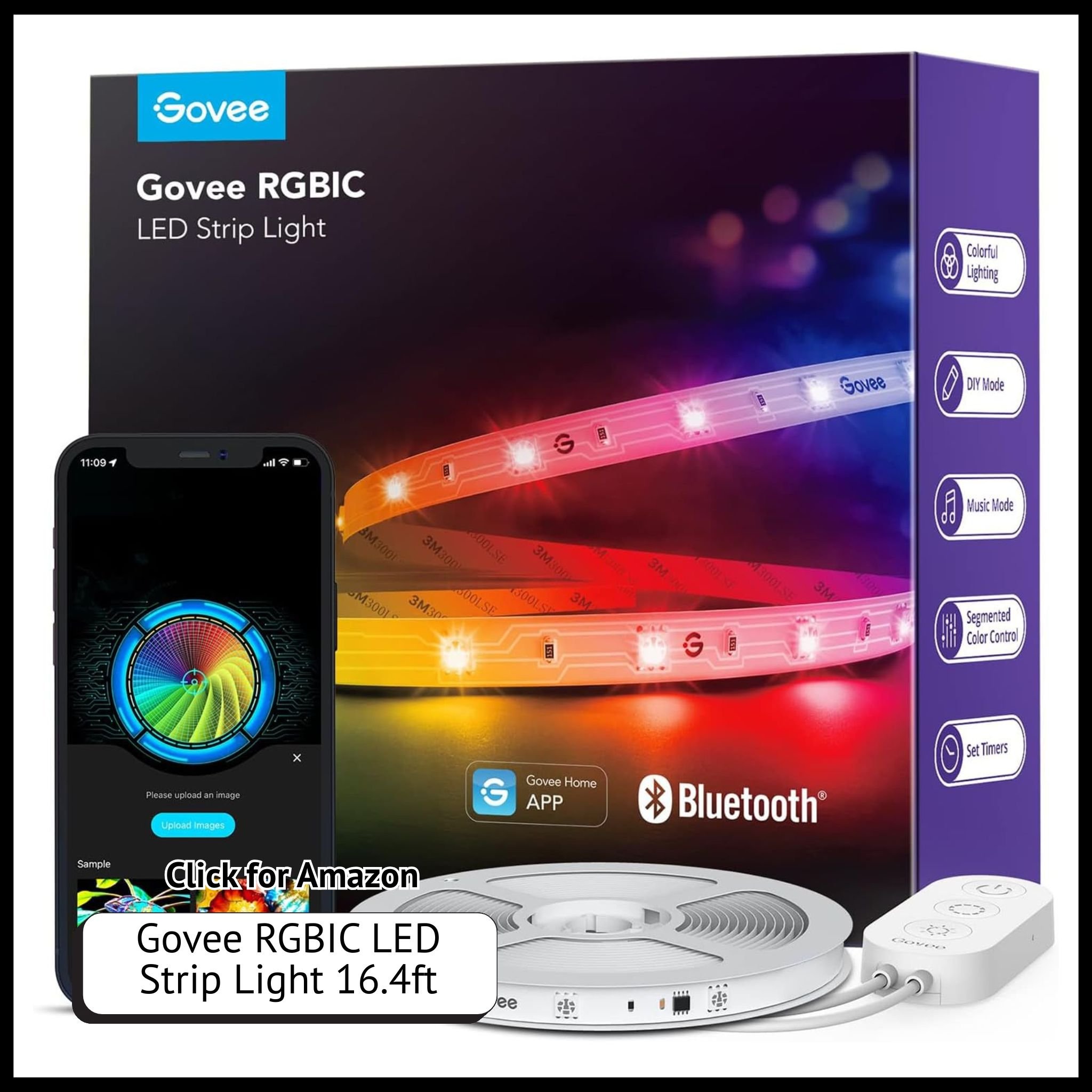 Govee RGBIC LED strip lights – 16.4ft smart Bluetooth lightstrip with app control, vibrant colors, bedroom lighting effects.