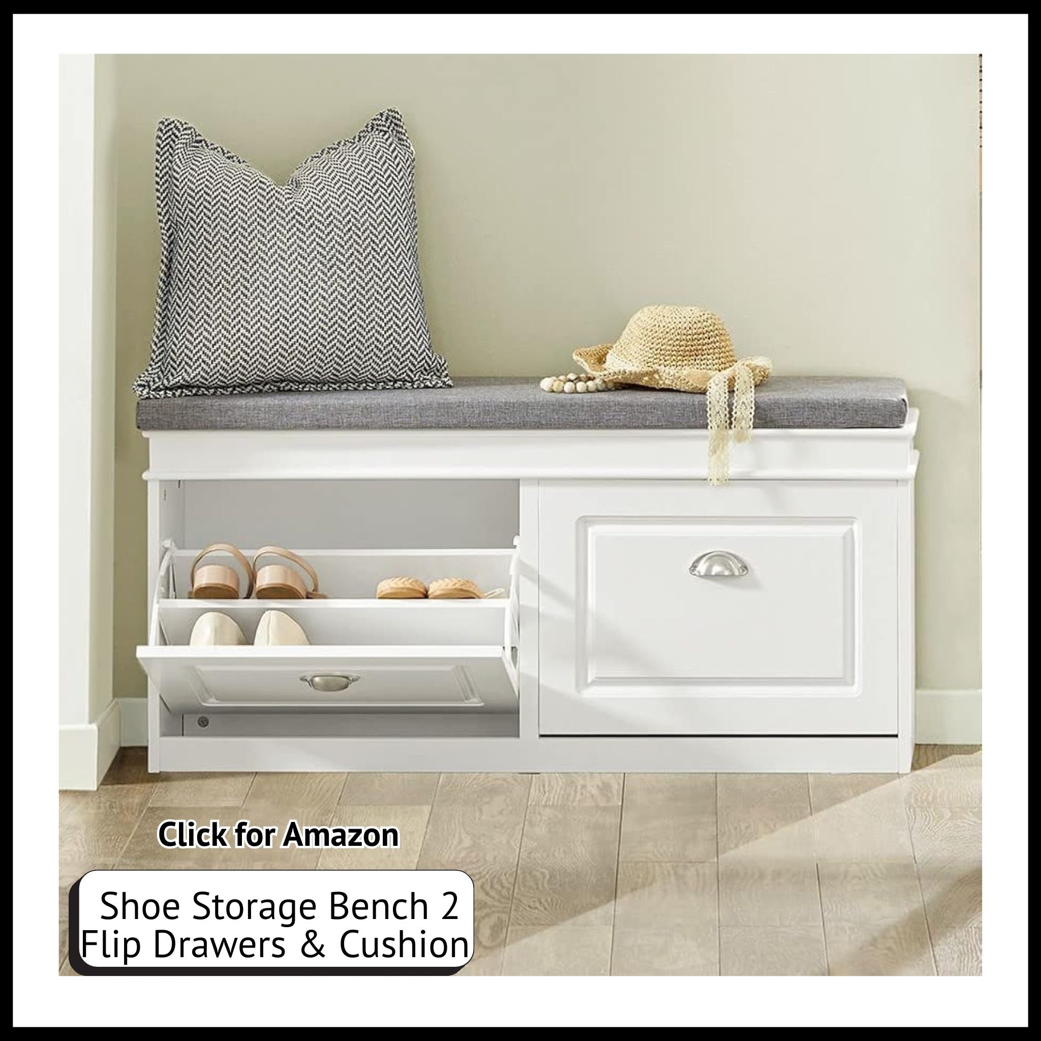 Haotian white entryway shoe bench with 2 flip drawers, padded cushion, narrow MDF cabinet for hallway storage