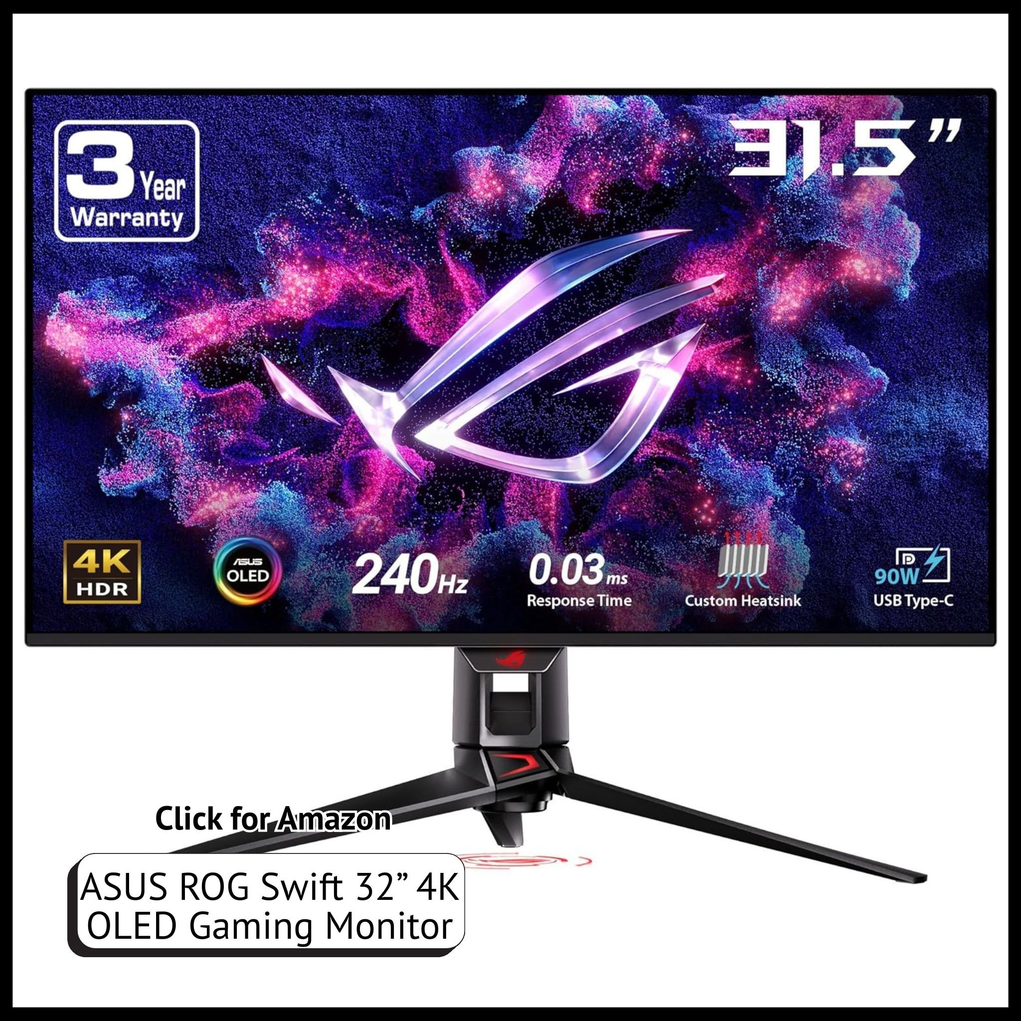 ASUS ROG Swift 32” 4K OLED gaming monitor – UHD display, 240Hz refresh, 0.03ms response, elite performance QD-OLED panel.