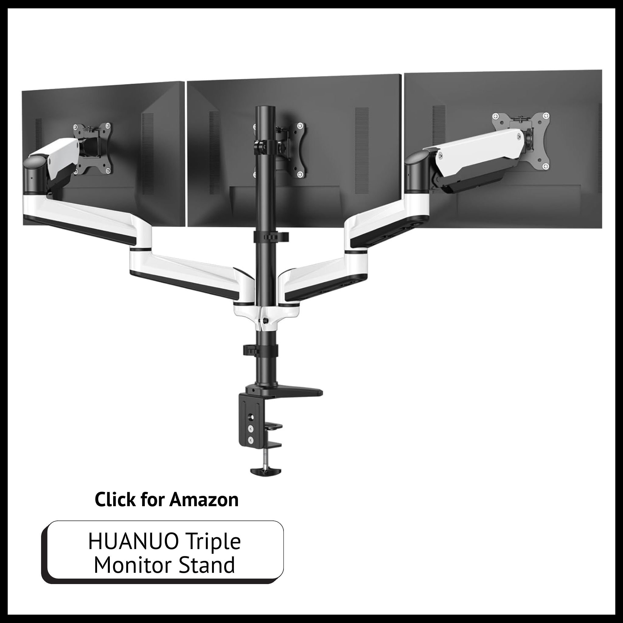 HUANUO triple monitor stand – gas spring mount for 17–32" screens, ergonomic setup for home office or gaming desk.