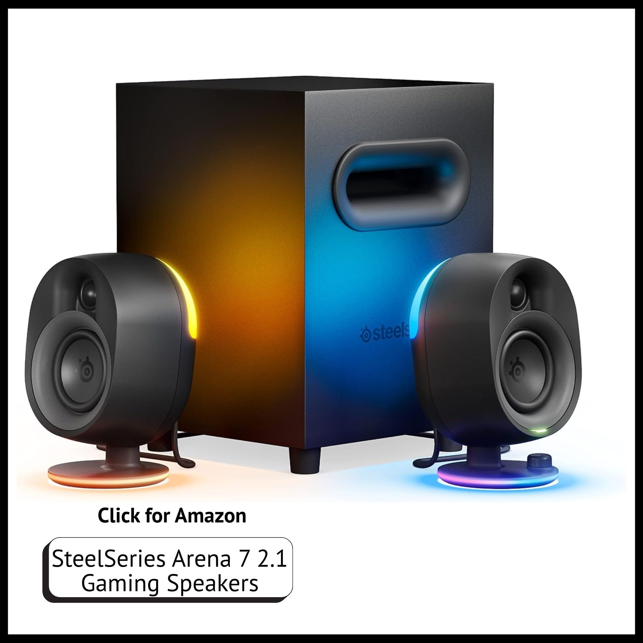 SteelSeries Arena 7 – RGB 2.1 gaming speakers with subwoofer, immersive sound, and customizable lighting.