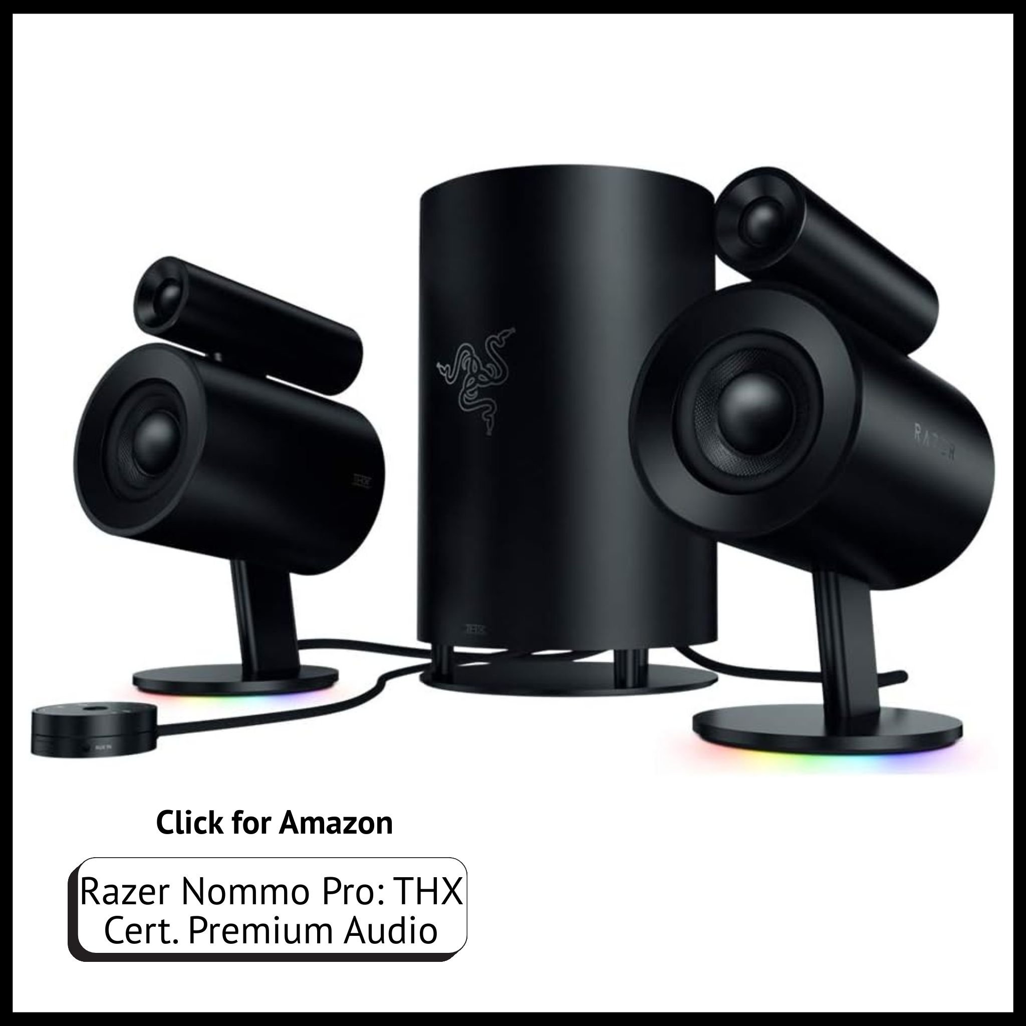 Razer Nommo Pro speakers – THX certified premium audio with Dolby surround sound and LED control pod for immersive gaming.