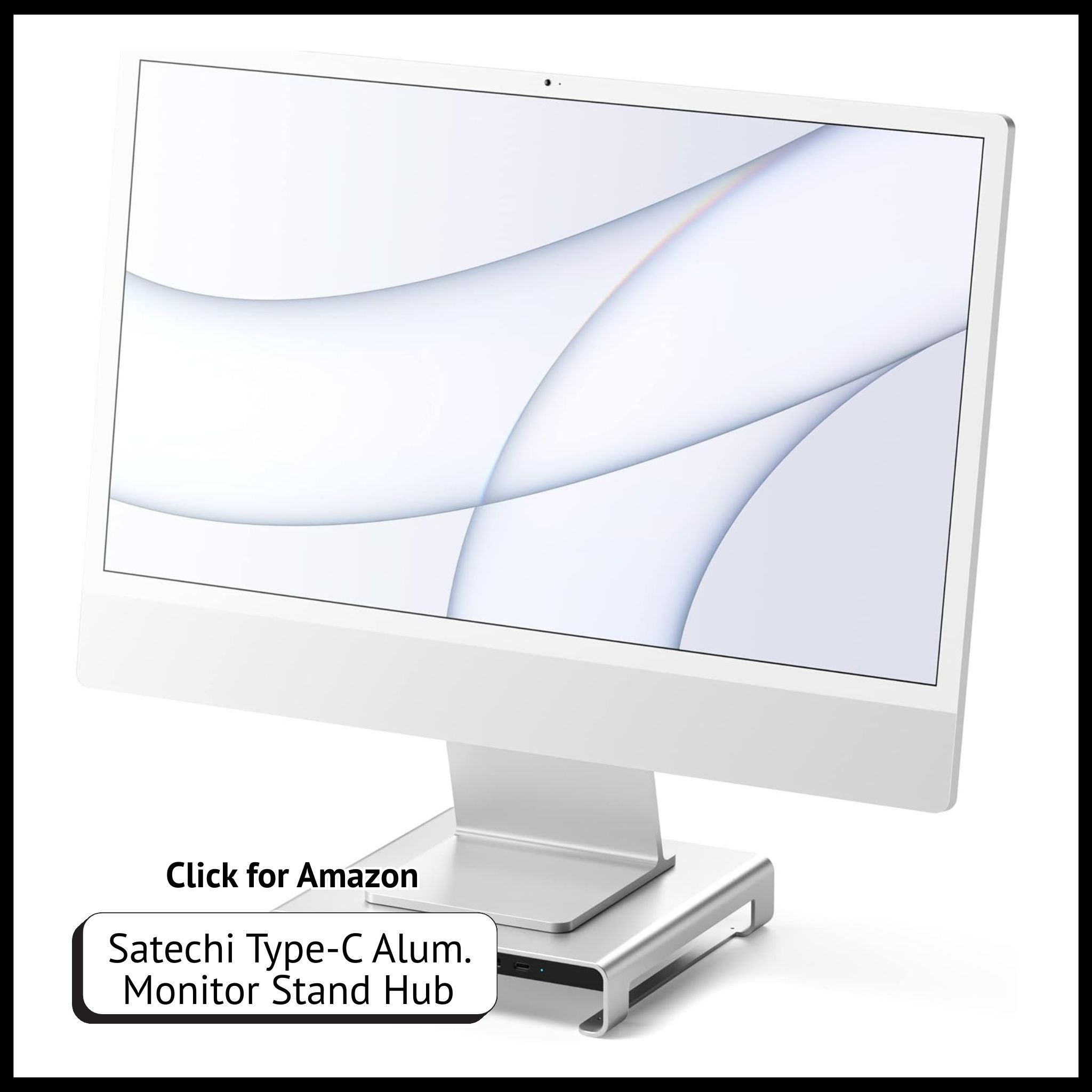 Satechi USB-C monitor stand – aluminum riser with USB ports, SD slots, and audio jack for workspace organization.