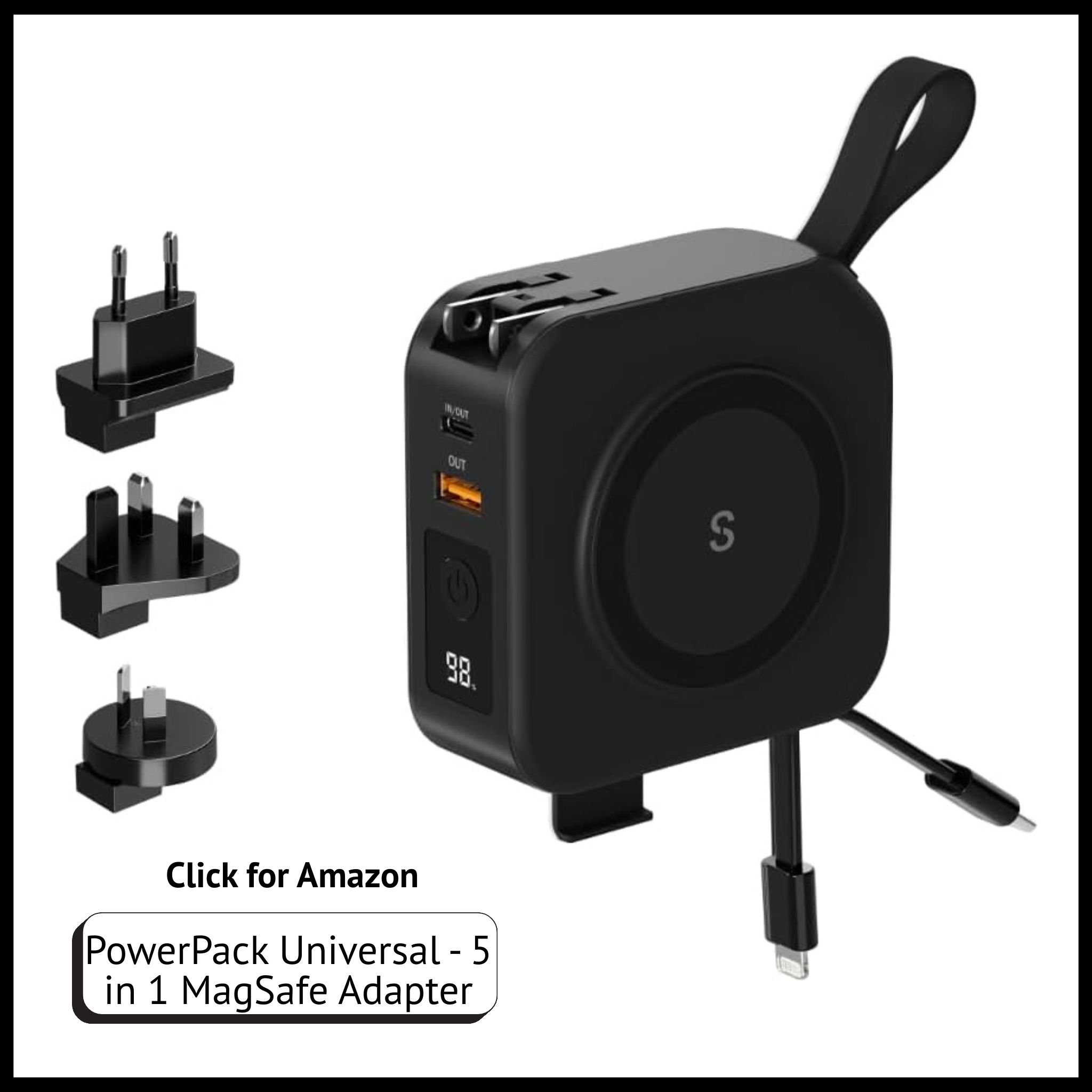 PowerPack 5-in-1 MagSafe travel charger, 10,000mAh with USB-C & Lightning, 20W PD, Qi wireless, global adapter included