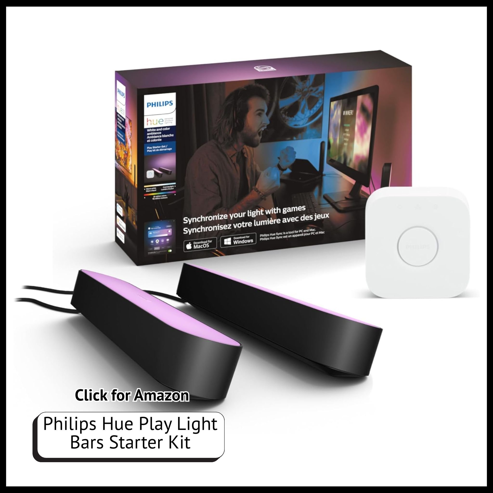 Philips Hue Play Starter Kit – two black smart light bars with app control, ambient lighting, and smart home integration.