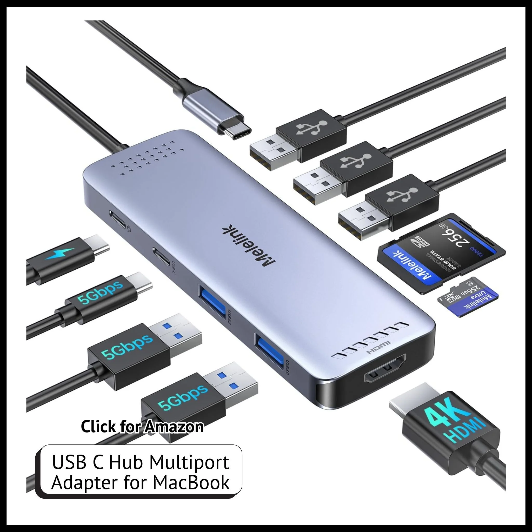 10-in-1 USB-C hub adapter for MacBook Pro/Air, iPad, and PCs with HDMI, SD/TF, 100W PD, and 6 USB ports for connectivity.
