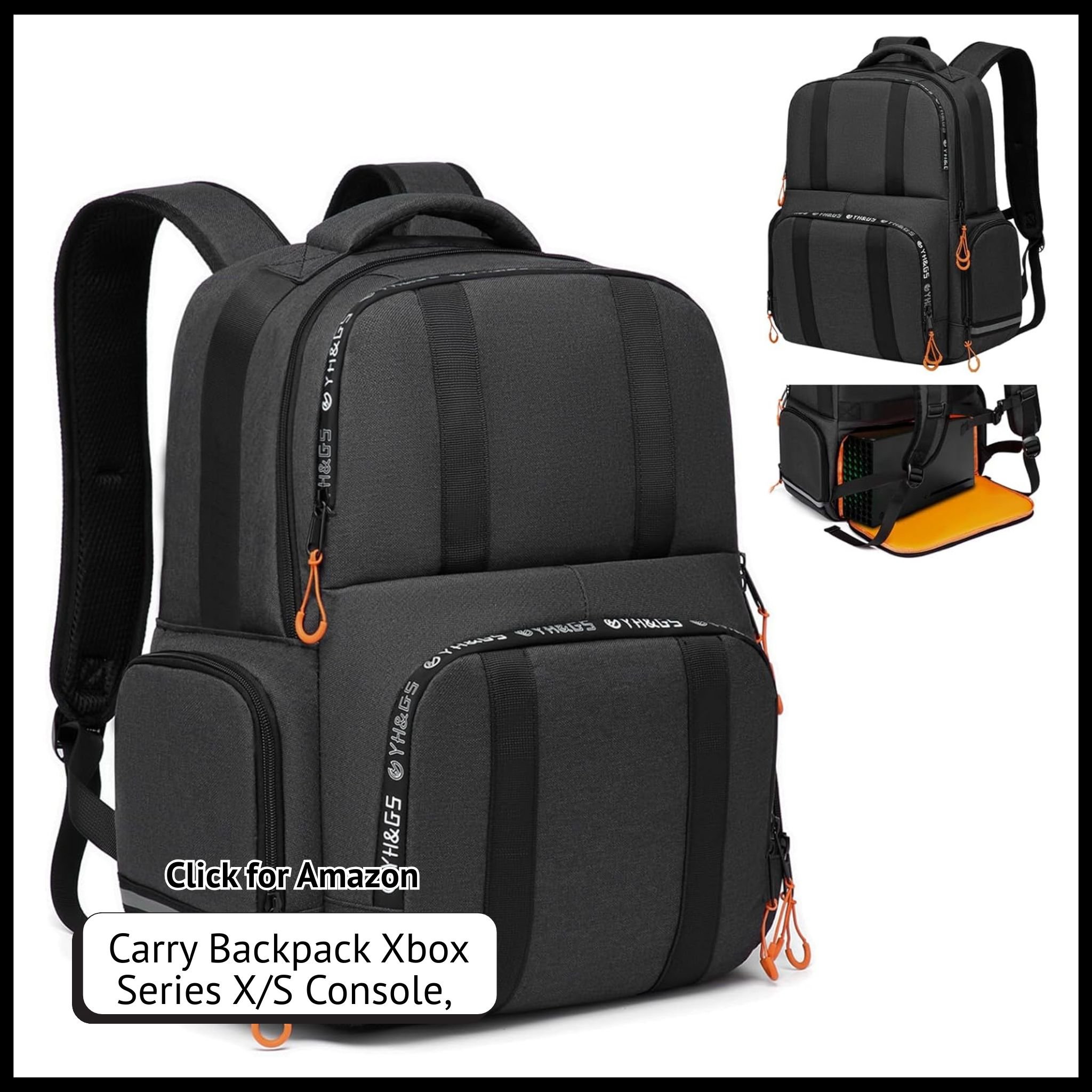 Xbox Series X/S backpack with padded compartments, fits console, controllers, headset; multiple pockets for accessories