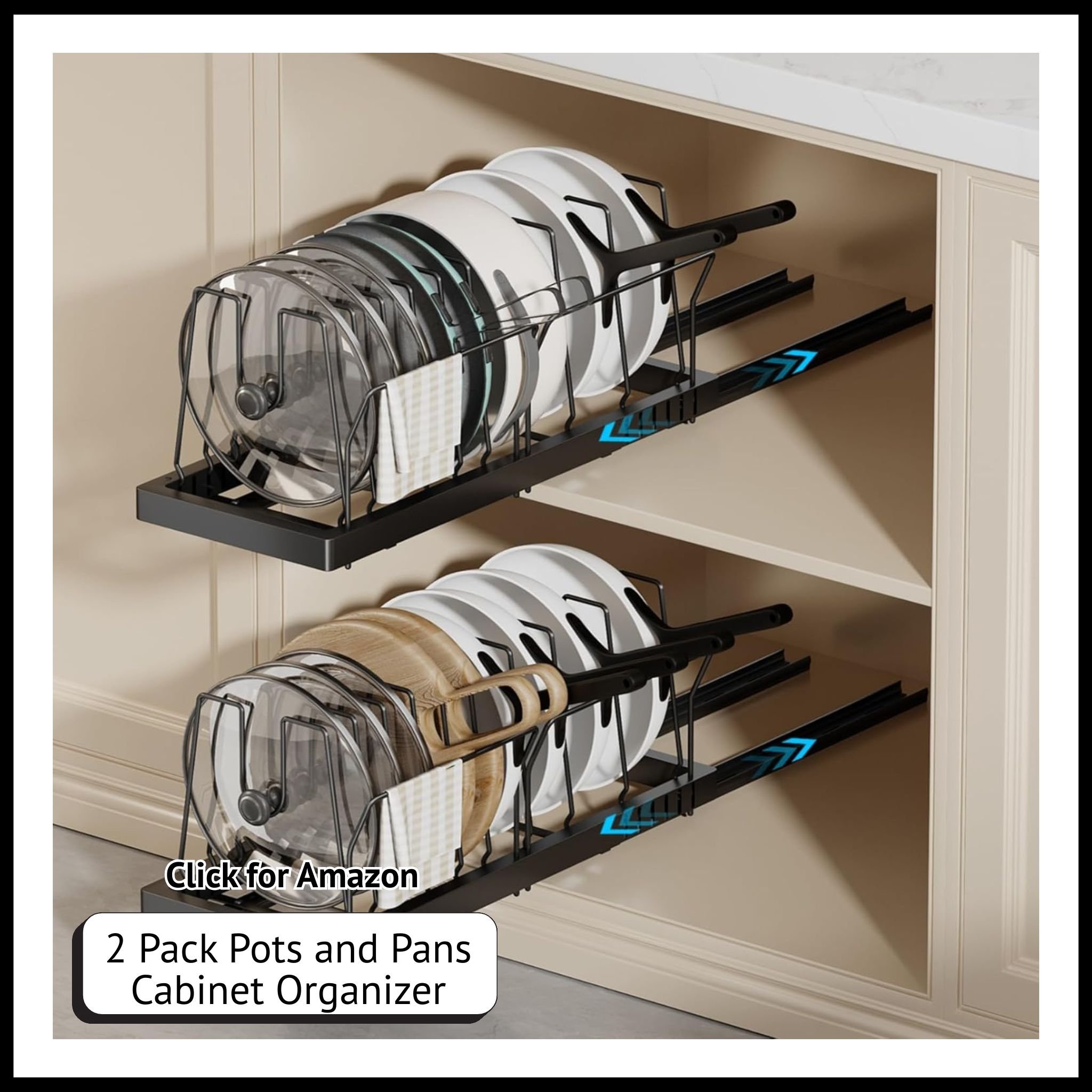 2-Pack Pull-Out Pots & Pans Organizer – 22" Expandable Cabinet Rack with 10 Adjustable Dividers for Lids & Cookware