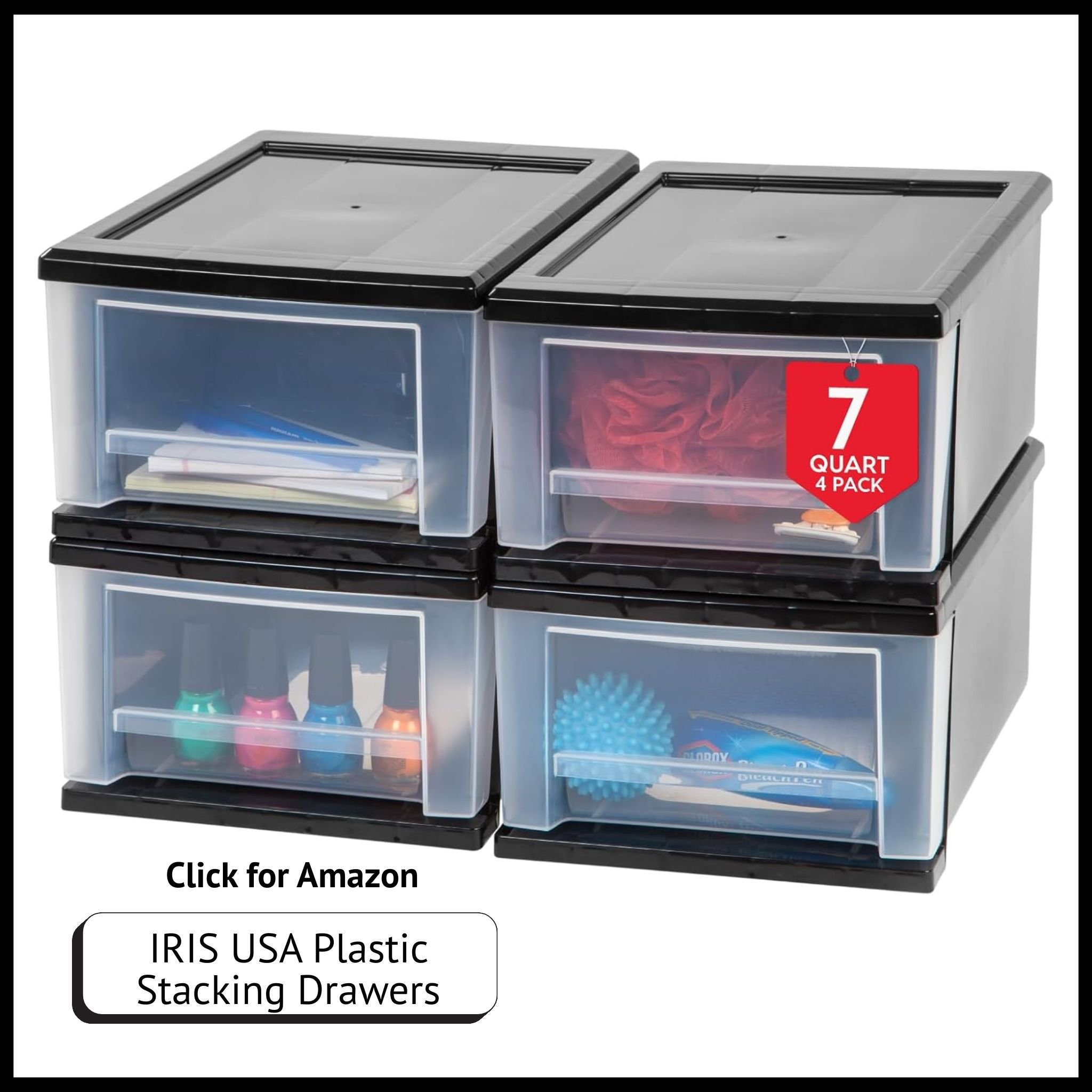IRIS USA plastic stacking storage unit with sliding drawer – compact organizer for closets, pantry, or office.