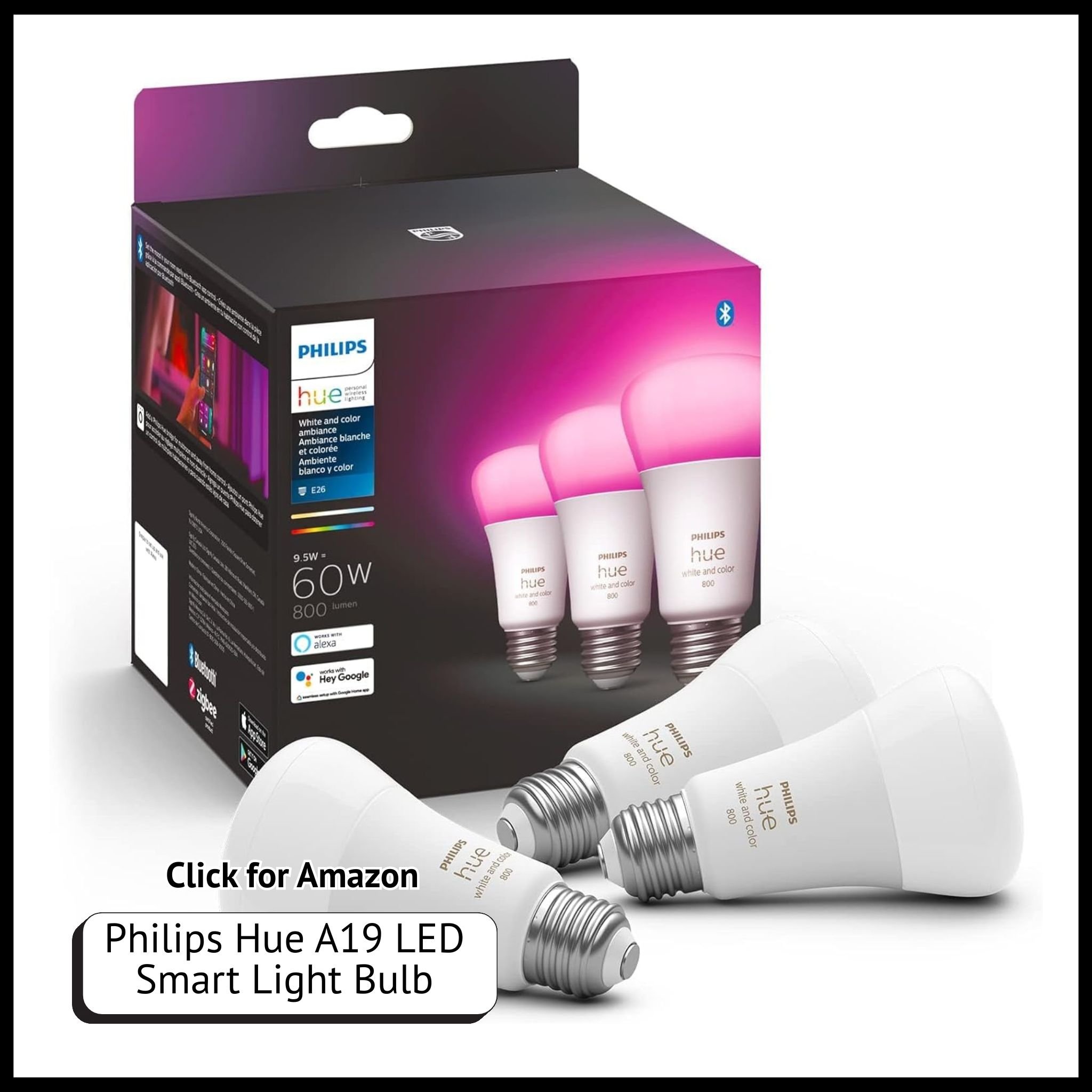 Philips Hue A19 LED smart bulb – 60W white & color ambiance bulb with app control for indoor smart lighting.