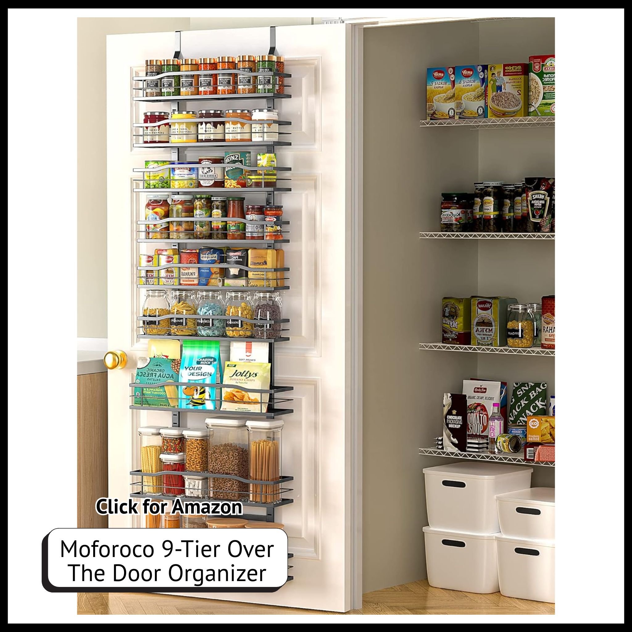 Moforoco 9-tier over-the-door pantry organizer – adjustable storage rack for snacks, cans, and spices.