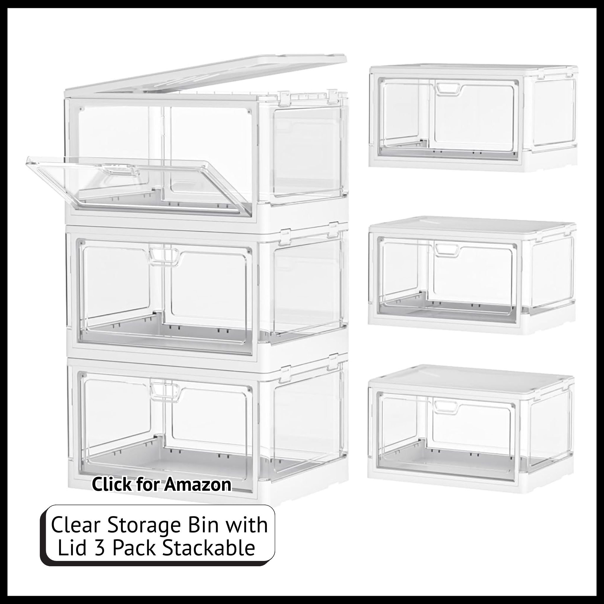 Clear stackable storage bins with lids – 3-pack sturdy plastic folding containers for organizing closets, pantry, or office.