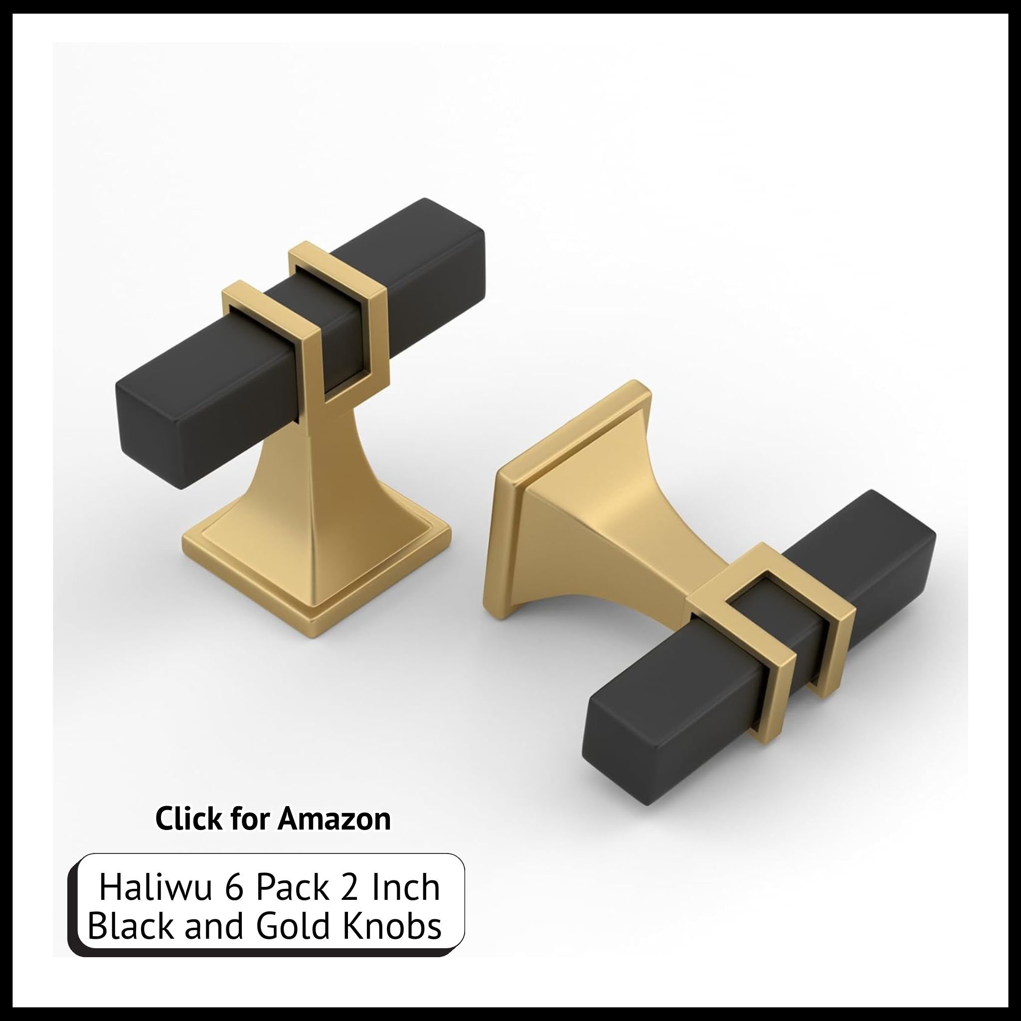 Haliwu 6-Pack 2" Black and Gold Cabinet Knobs – Matte Black T-Bar Style, Single Hole Drawer Pull Hardware