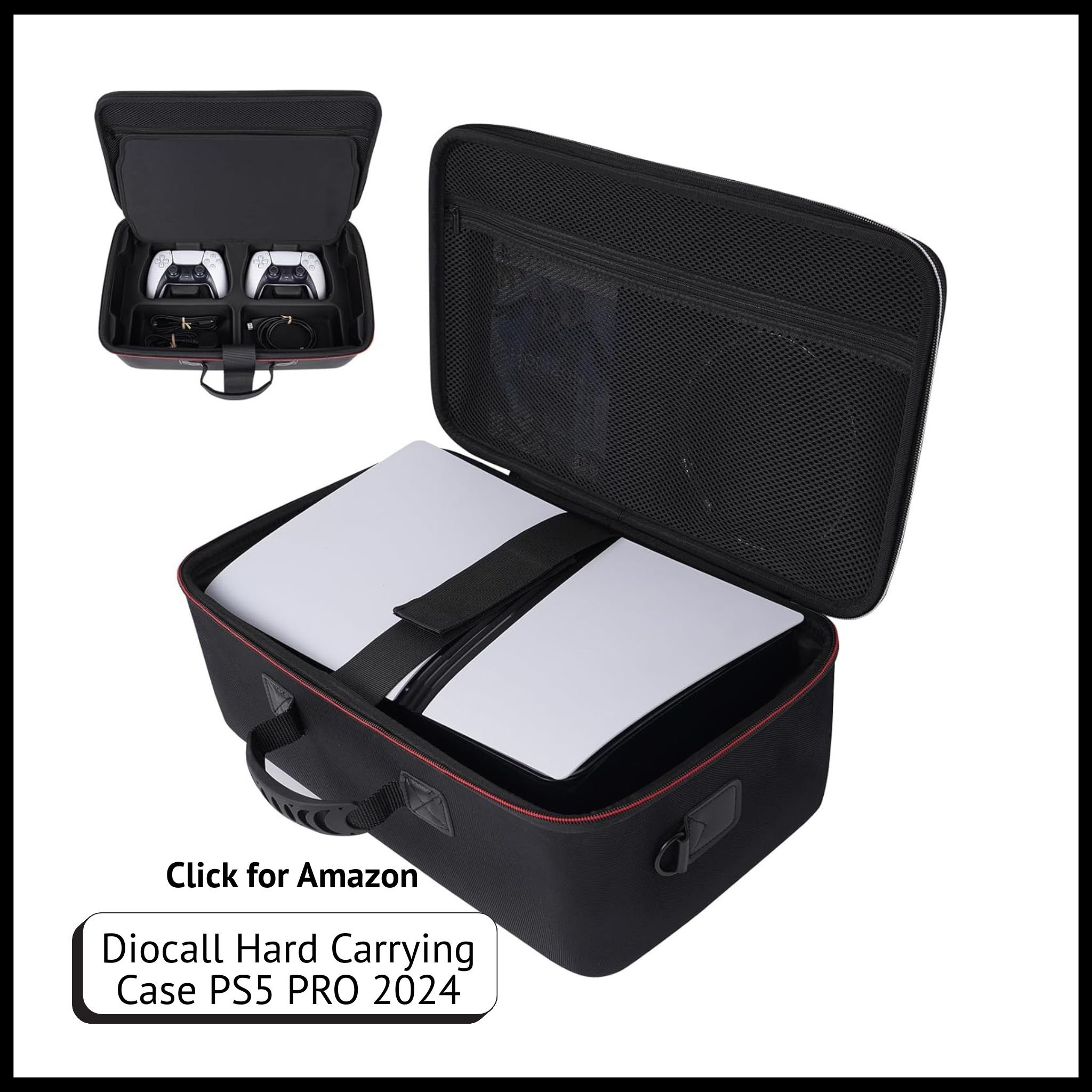 Diocall hard shell case for PS5 Pro 2024, fits disc/digital console, 2 controllers, stand, cables; EVA interior