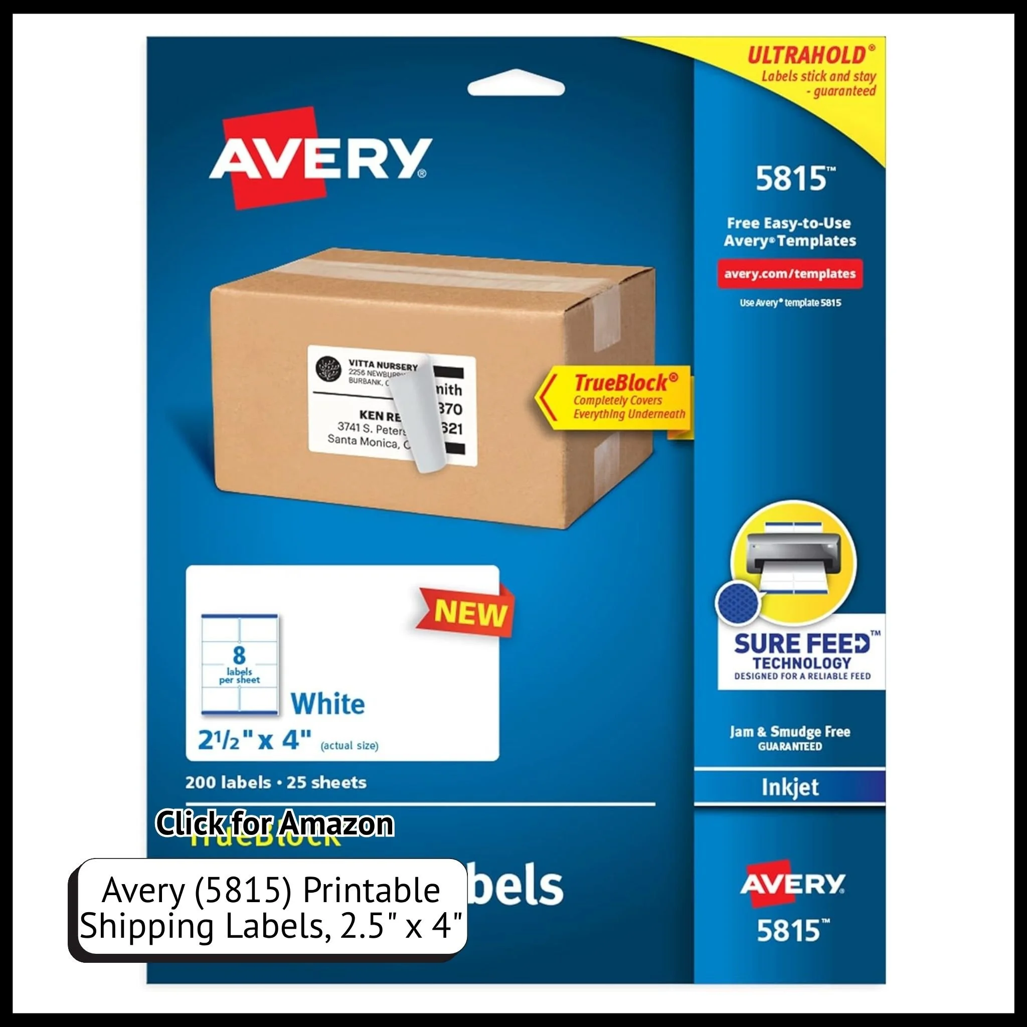 Avery printable white shipping labels 2.5x4 inch, 200 pack permanent adhesive for inkjet printers.