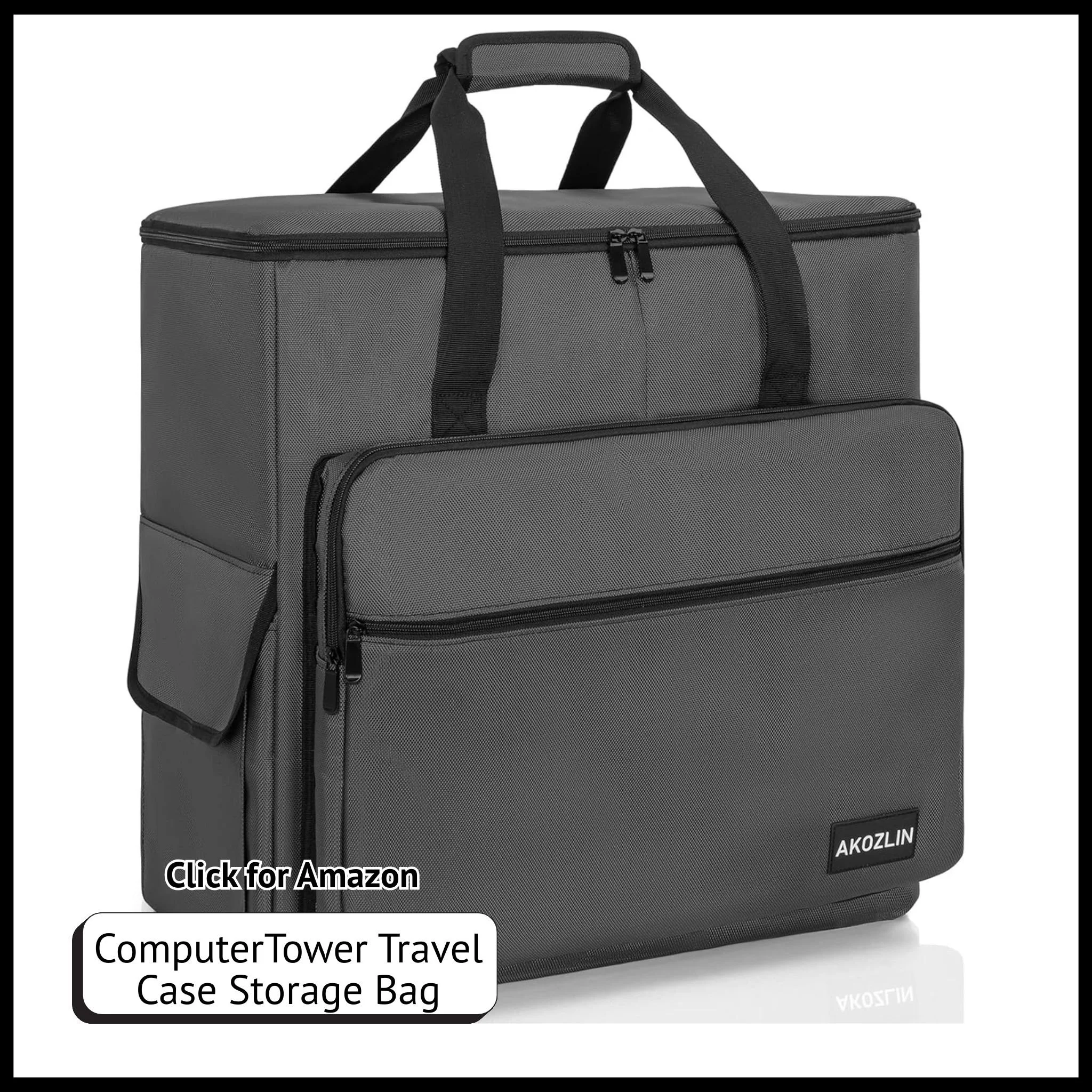 AKOZLIN desktop PC carrying case, gray travel bag for gaming tower, keyboard, mouse, and accessories.