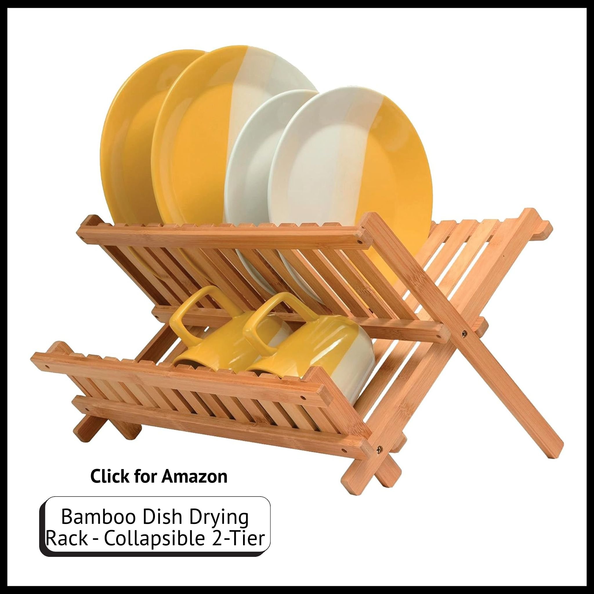 Collapsible 2-tier bamboo dish drying rack – foldable kitchen counter dish rack for plates, bowls, and utensils