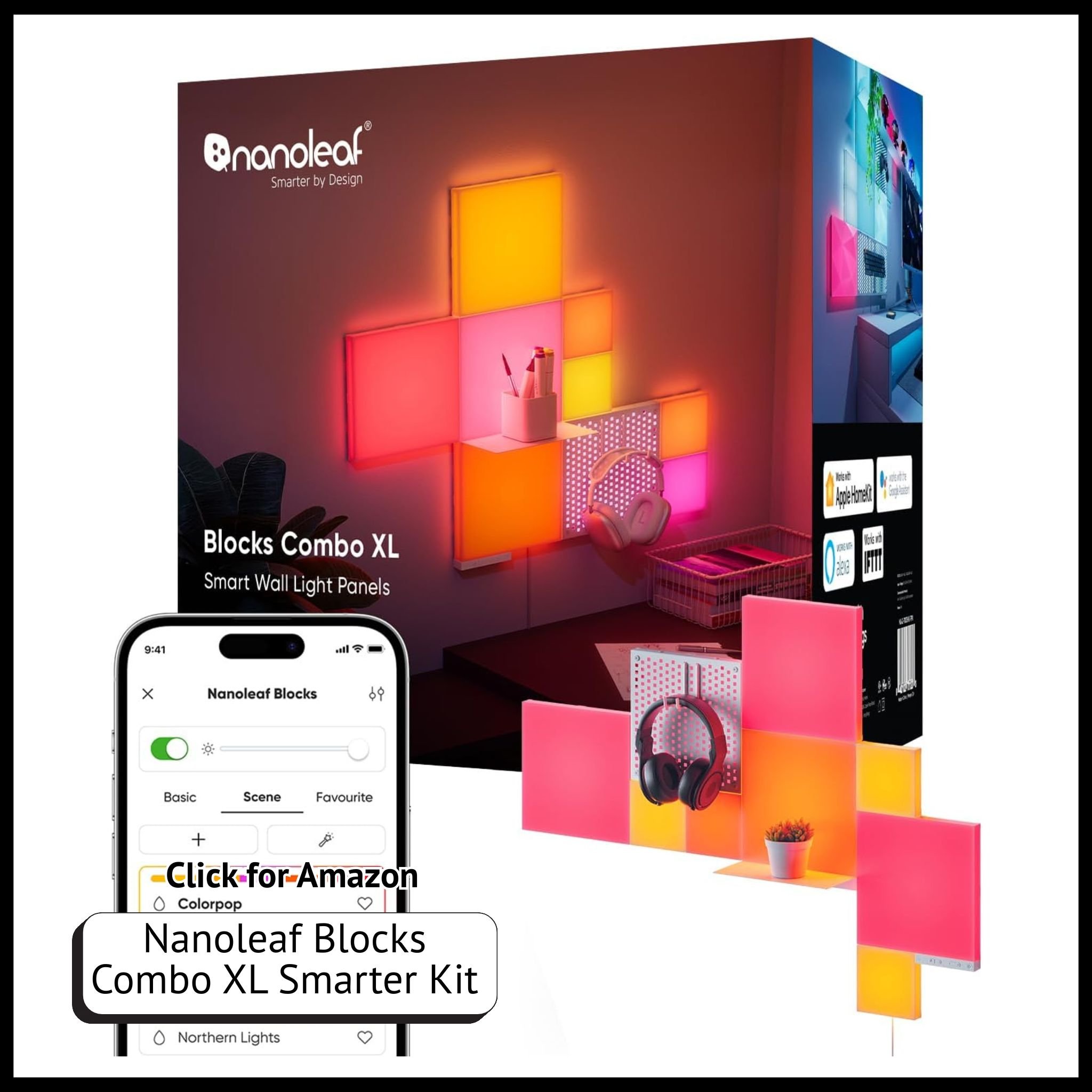 Nanoleaf Blocks Combo XL – Wi-Fi RGBW smart wall panels with 16M+ colors and dimmable LED light for gaming and home decor.