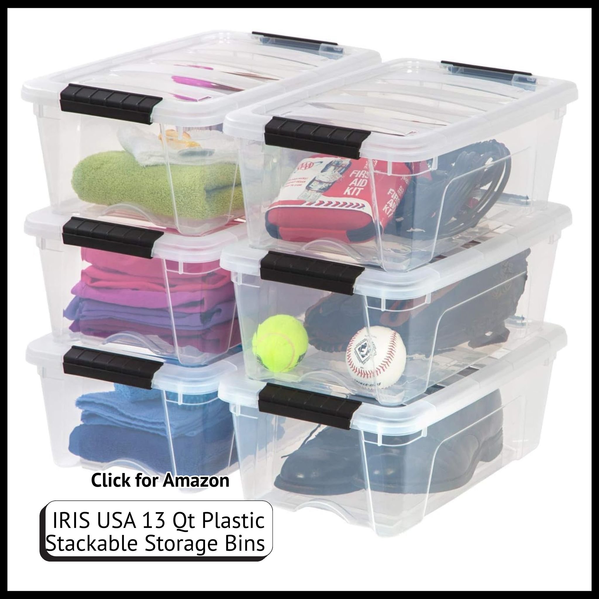 IRIS USA 13 Qt stackable plastic bins with lids – 6-pack BPA-free storage containers for home or office use.