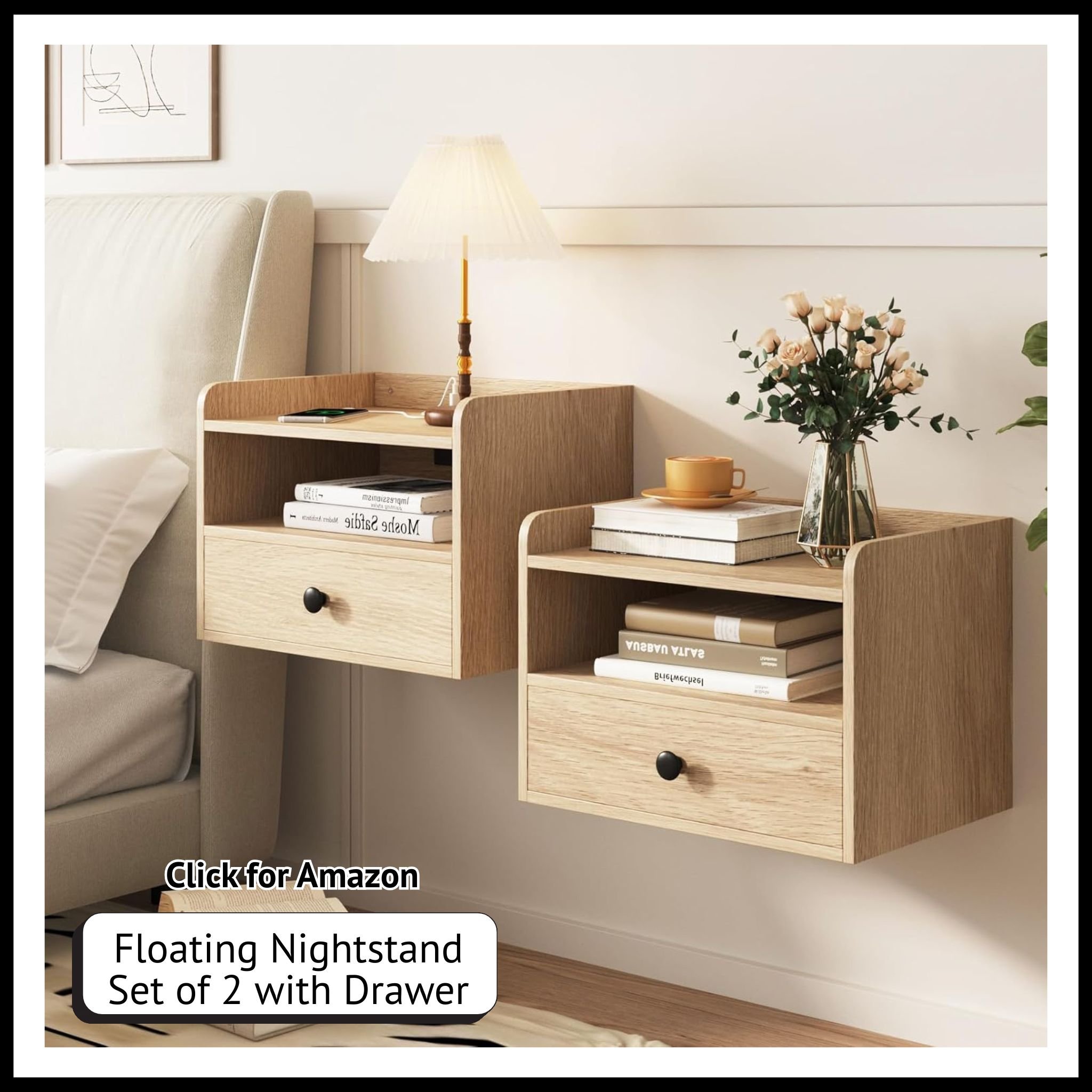 Floating nightstand set of 2 – modern wall-mounted bedside tables with drawer and open shelf for compact bedroom storage.