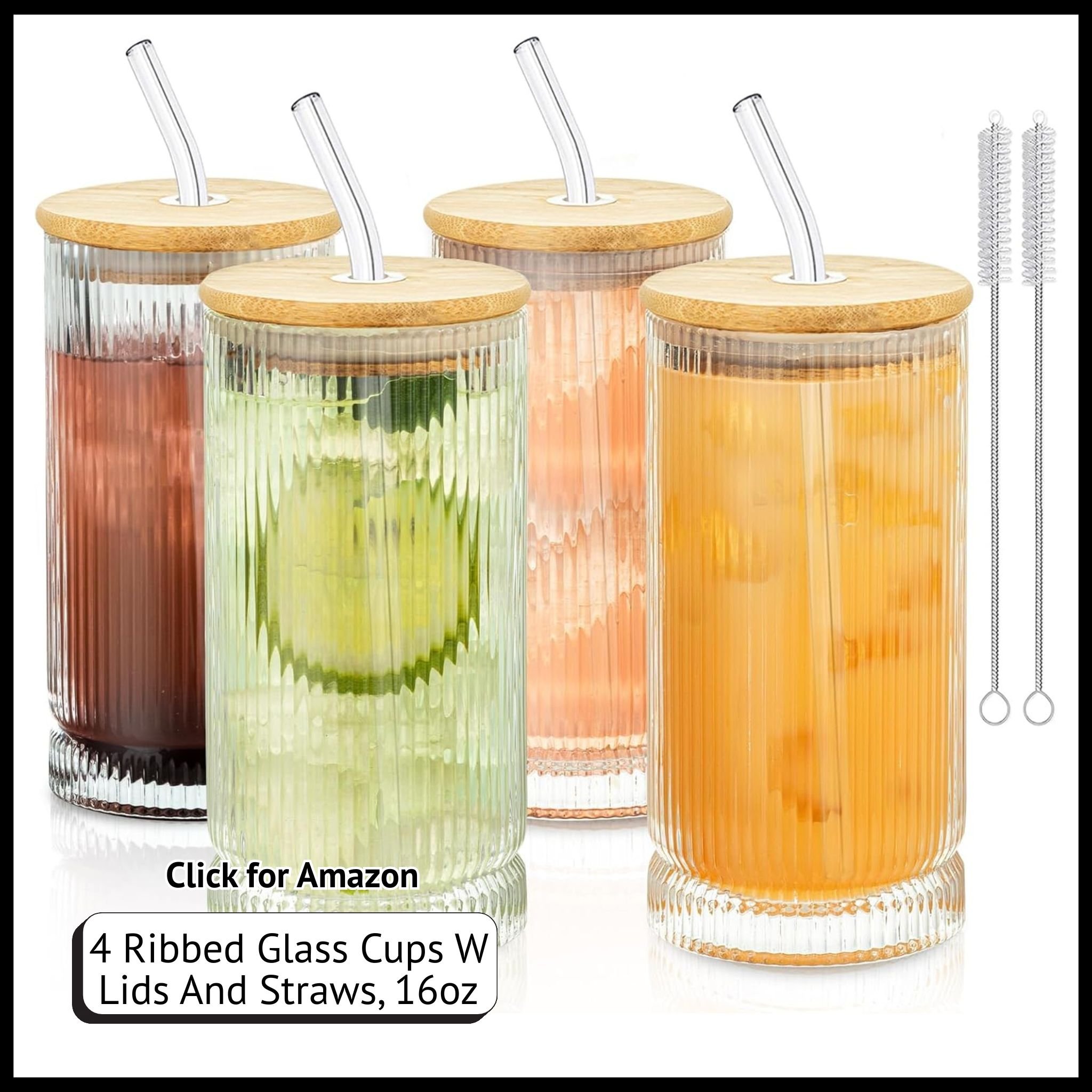Ribbed glass cups with lids and straws, 16oz capacity, vintage-style set of 4, ideal for iced coffee, smoothies, cocktails