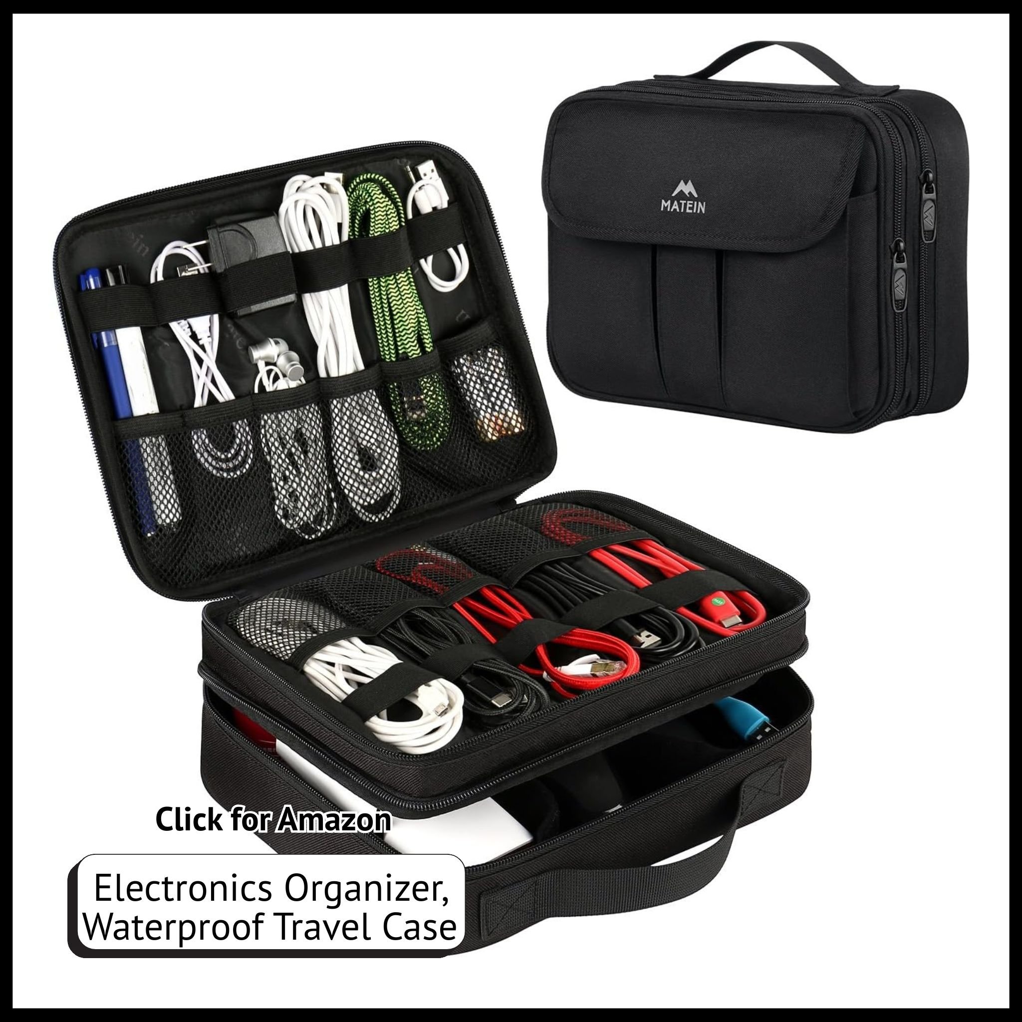 MATEIN waterproof double-layer electronics organizer with padded dividers, fits cords, chargers, power banks, and accessories
