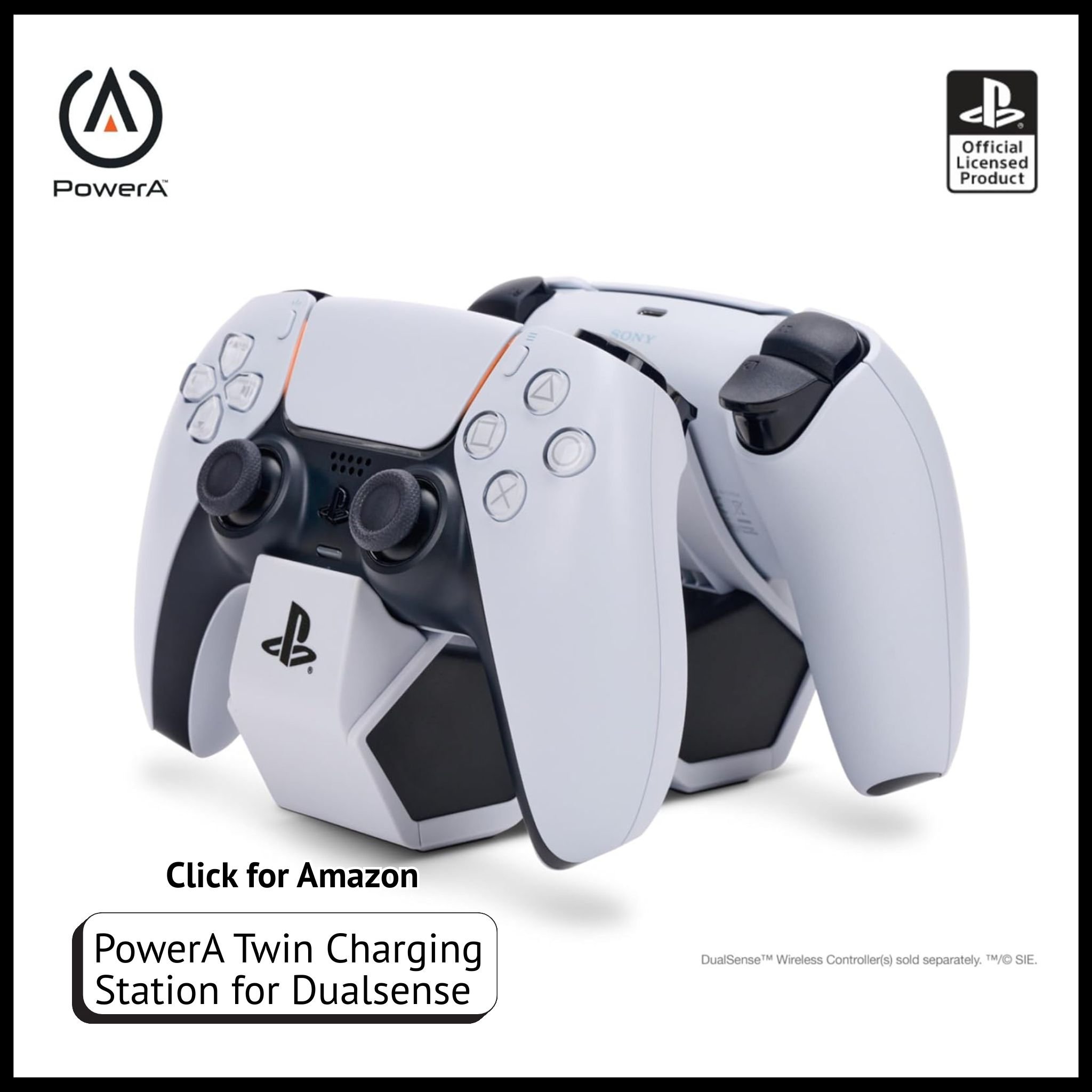PowerA Twin Charging Station – compact dock for charging two DualSense controllers for PS5 with LED indicators, USB-C support.