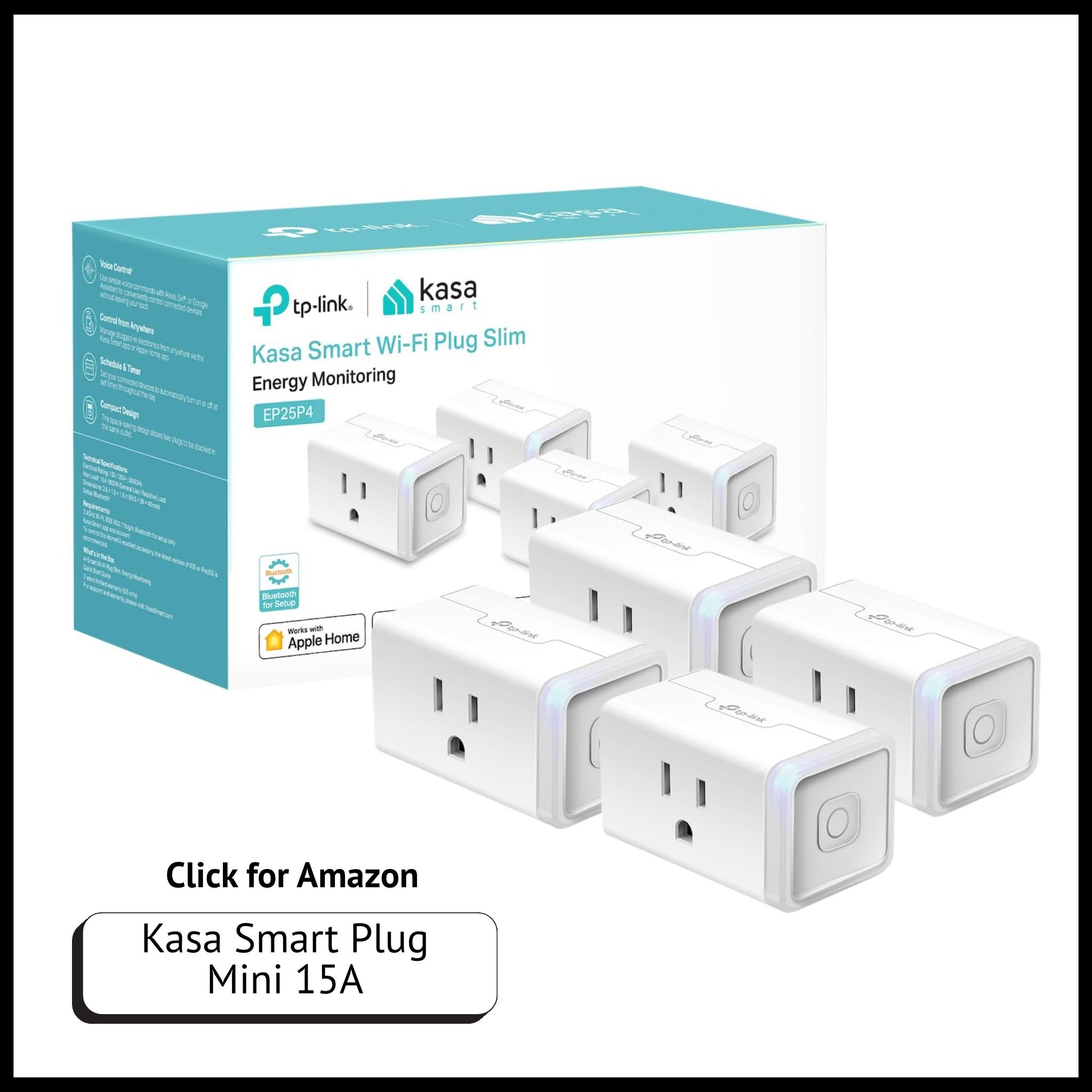 Kasa Smart Plug Mini 15A – compact outlet with HomeKit, Siri, Alexa & Google support; UL certified for voice control.