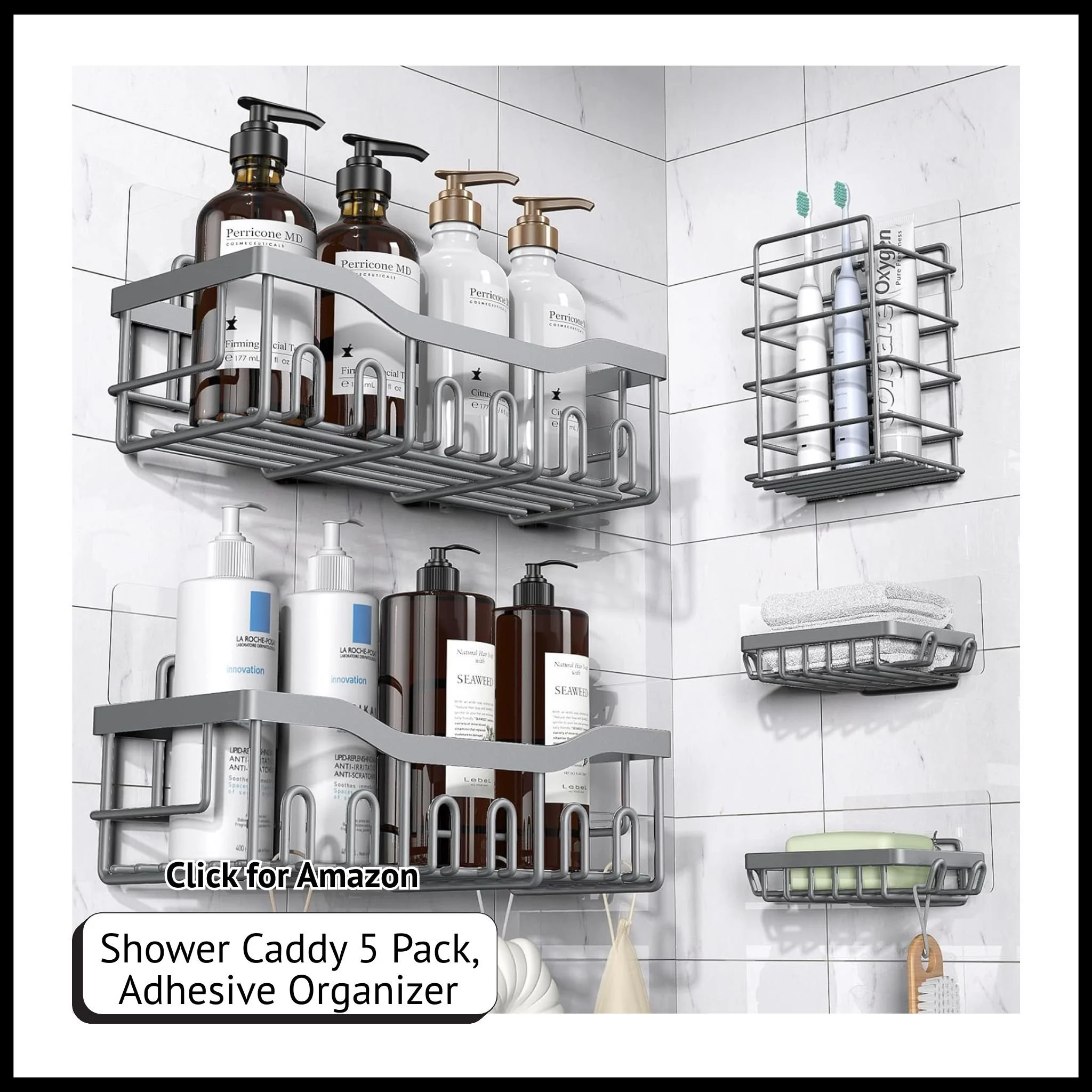 Shower caddy 5-pack with adhesive mount – space-saving bathroom organizers for shampoo, soap, and other shower essentials.