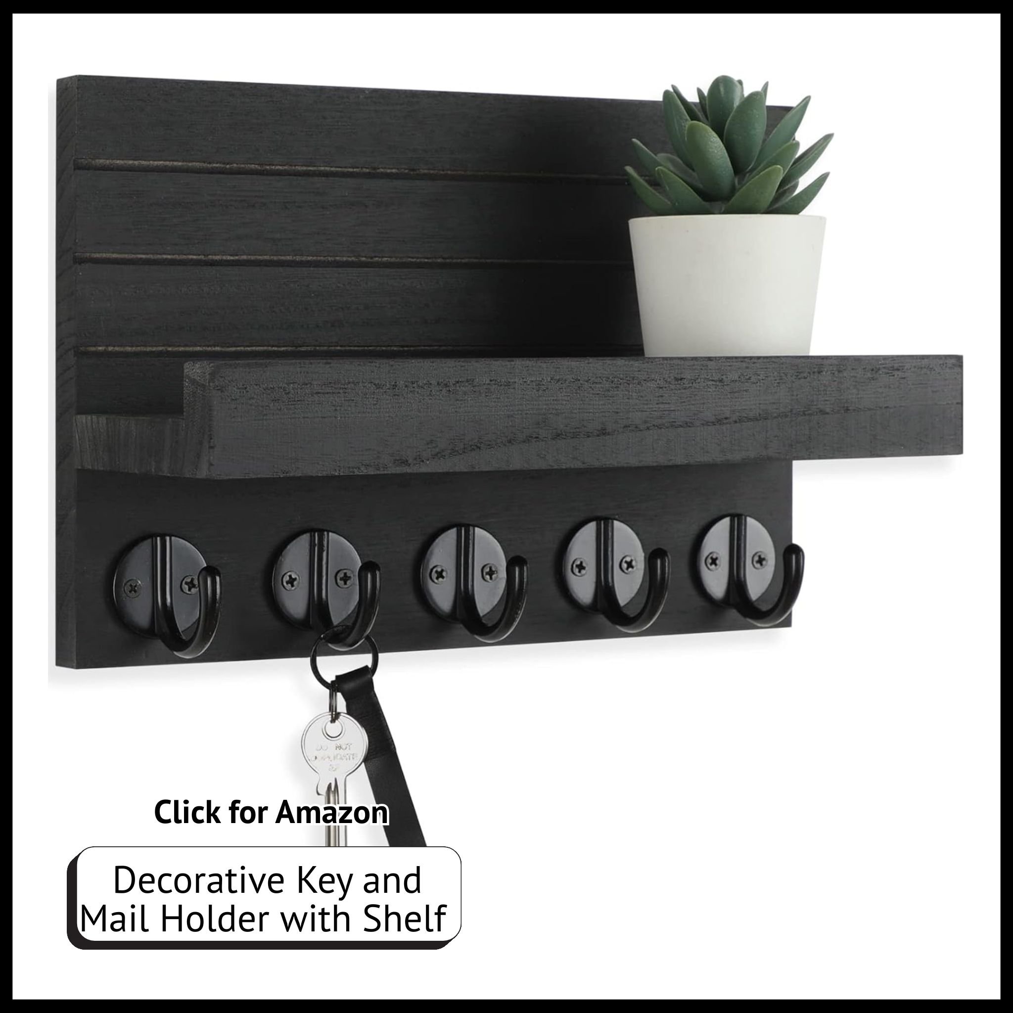 Wall Key and Mail Holder with Shelf – Decorative Organizer with Large Hooks for Keys, Bags, and More.