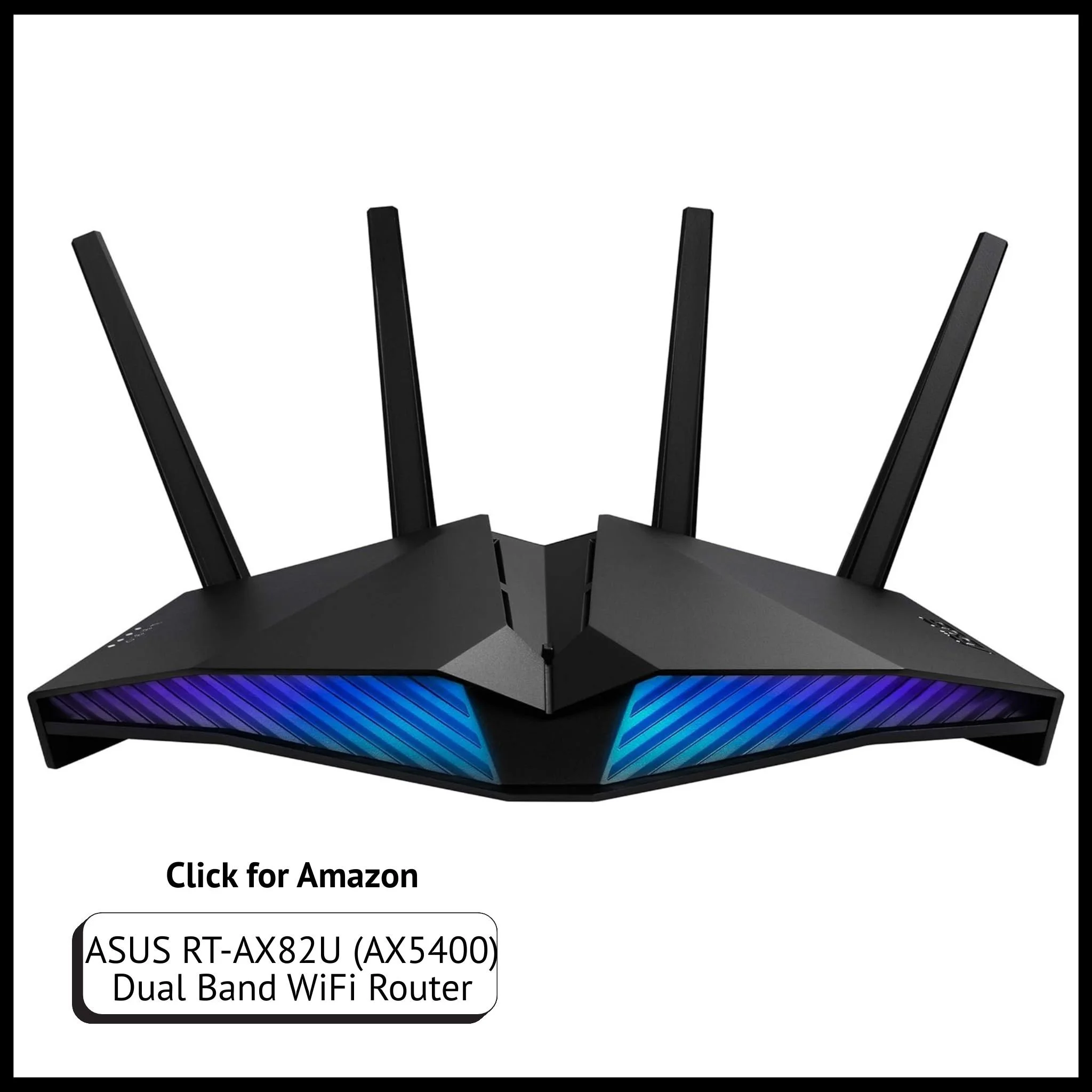 ASUS RT-AX82U WiFi 6 gaming router with AX5400 speed, RGB lighting, gaming port, AiProtection security, and AiMesh support.