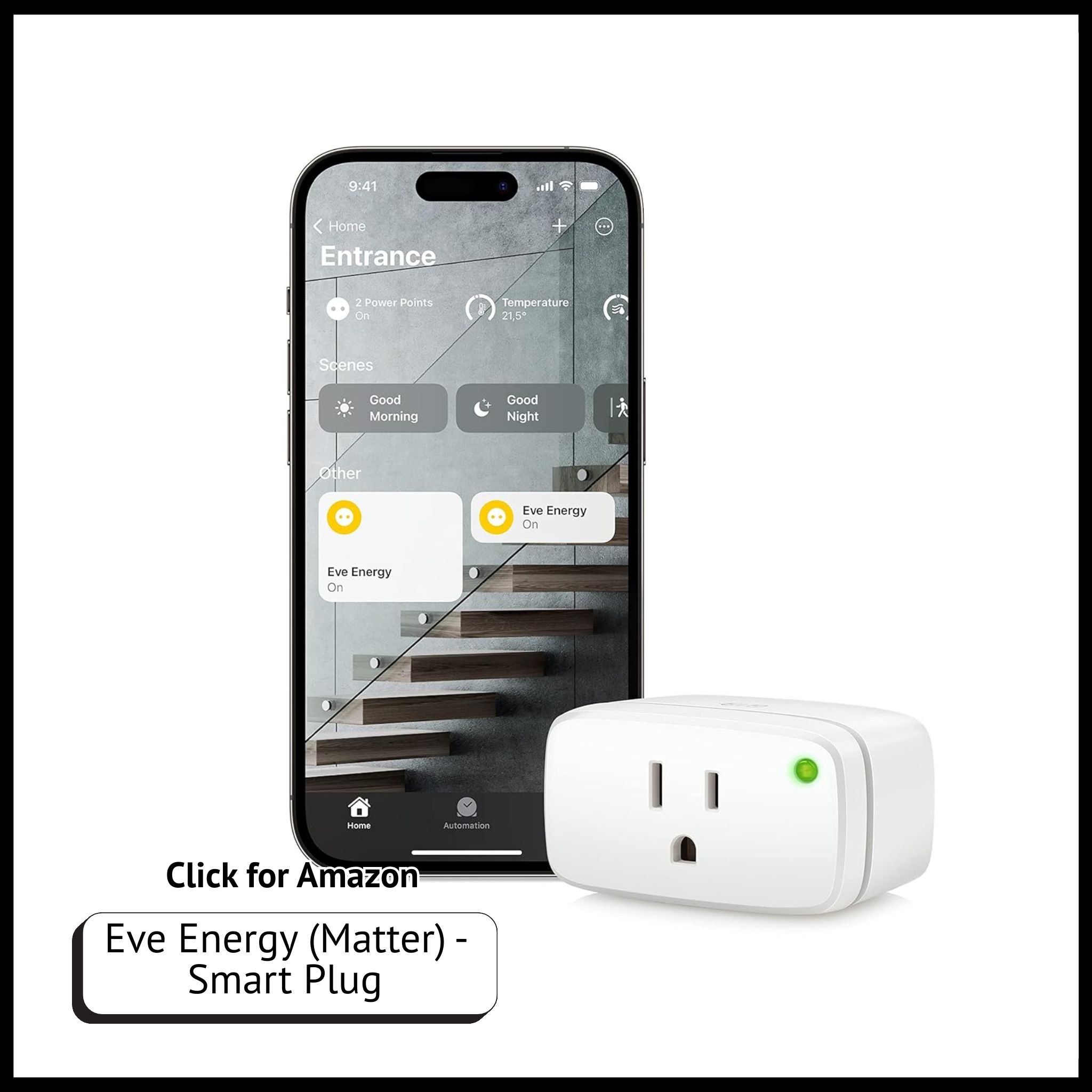 Eve Energy smart plug with Matter, Wi-Fi control, energy monitoring, and support for Apple HomeKit, Alexa, and Google.