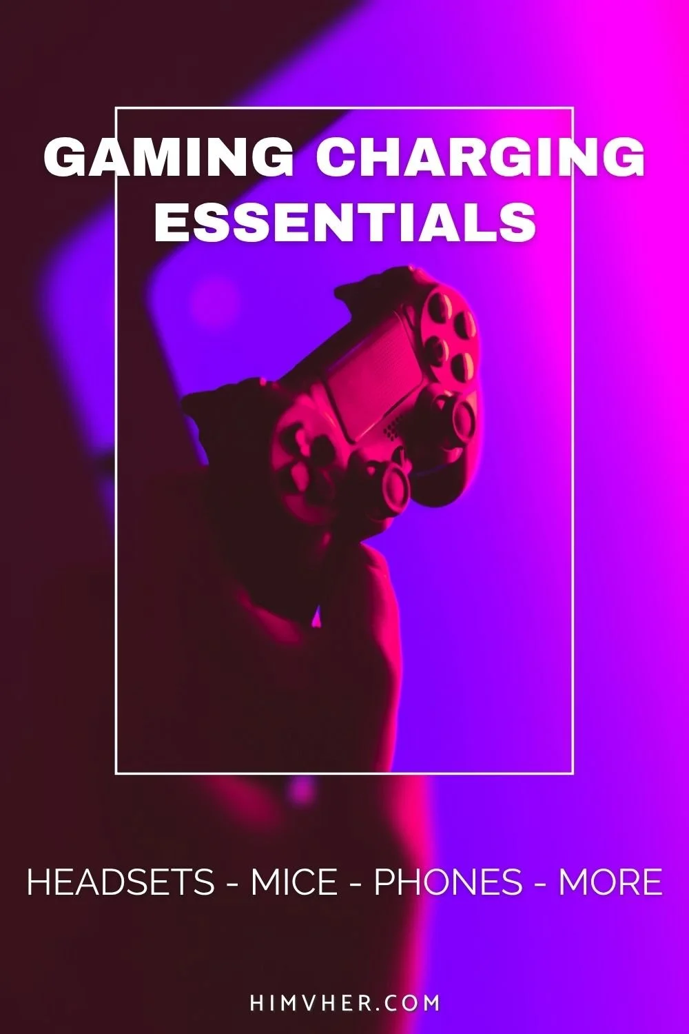 Gaming charging accessories essential setup with PlayStation controller held under neon purple and pink lighting, highlighting must-have charging solutions for headsets, mice, phones, and gaming devices.