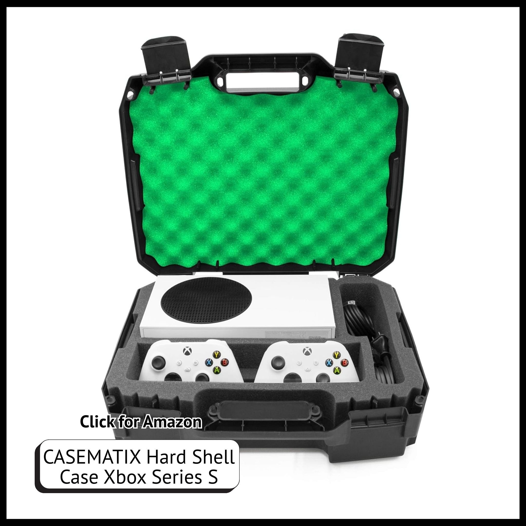 CASEMATIX hard shell travel case for Xbox Series S, custom foam interior fits console, 2 controllers, cables, and games