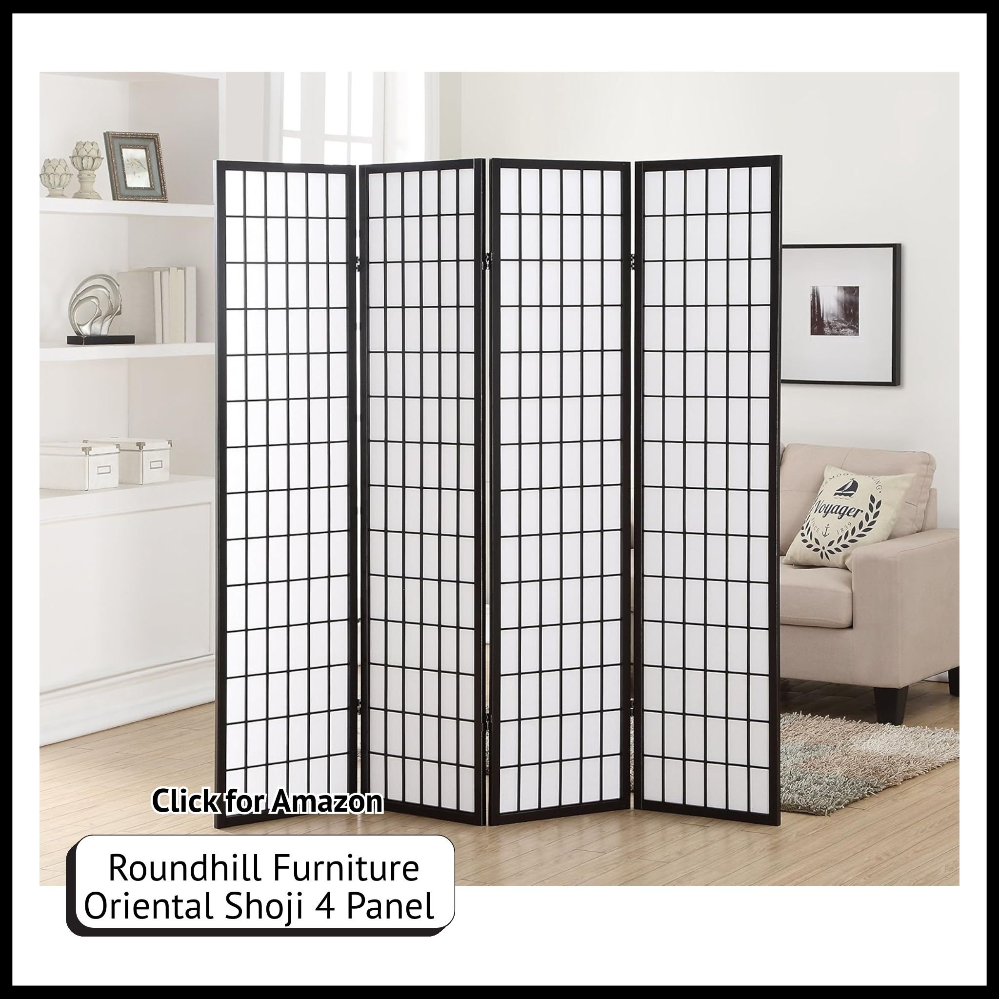 Roundhill Furniture Shoji 4-panel room divider – lightweight folding privacy screen with oriental-style wood frame.