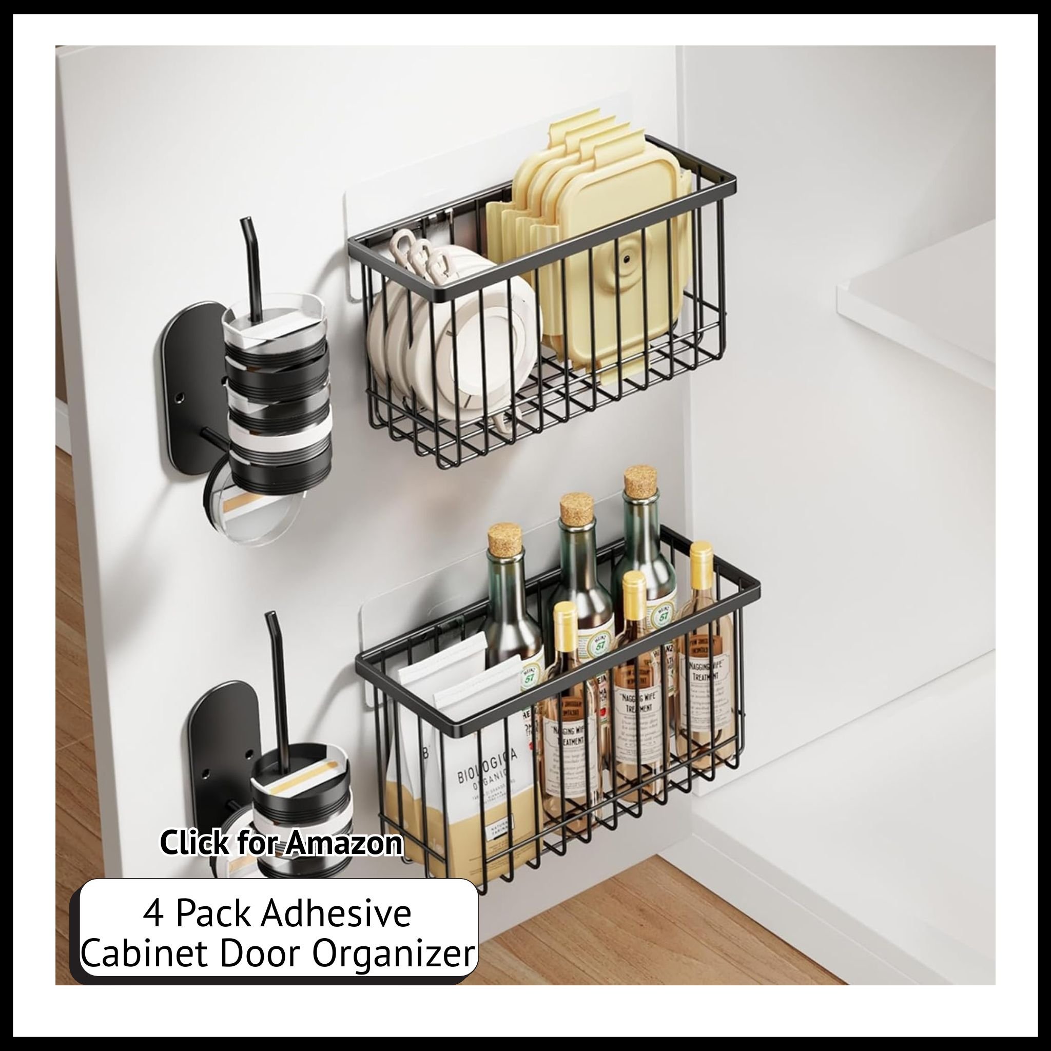 4-Pack Adhesive Cabinet Door Organizers – Lid Holders for Inside Cabinets, Great for Food Container Storage.