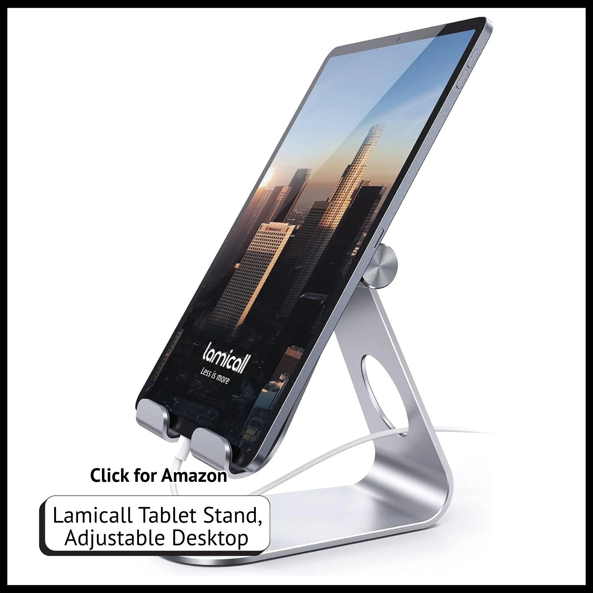 Lamicall adjustable desktop tablet stand in silver, fits iPad, iPhone, Kindle, and Galaxy Tab for stable hands-free use.