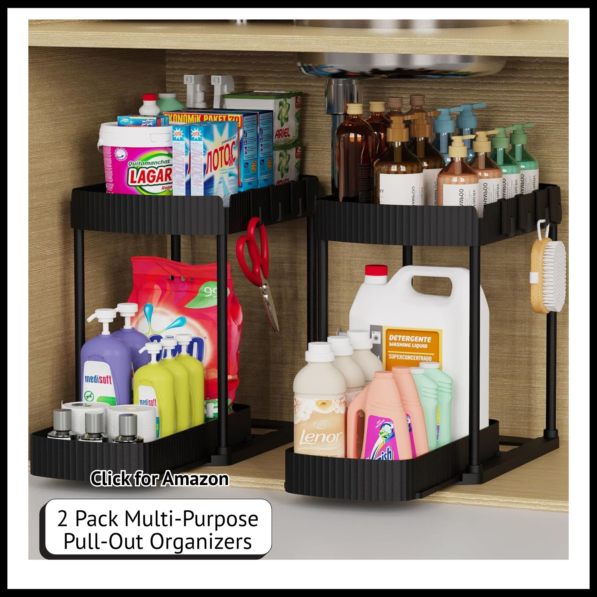 2-Pack Pull-Out Under Sink Storage Organizers – Multi-Purpose Bathroom & Kitchen Cabinet Organization Bins