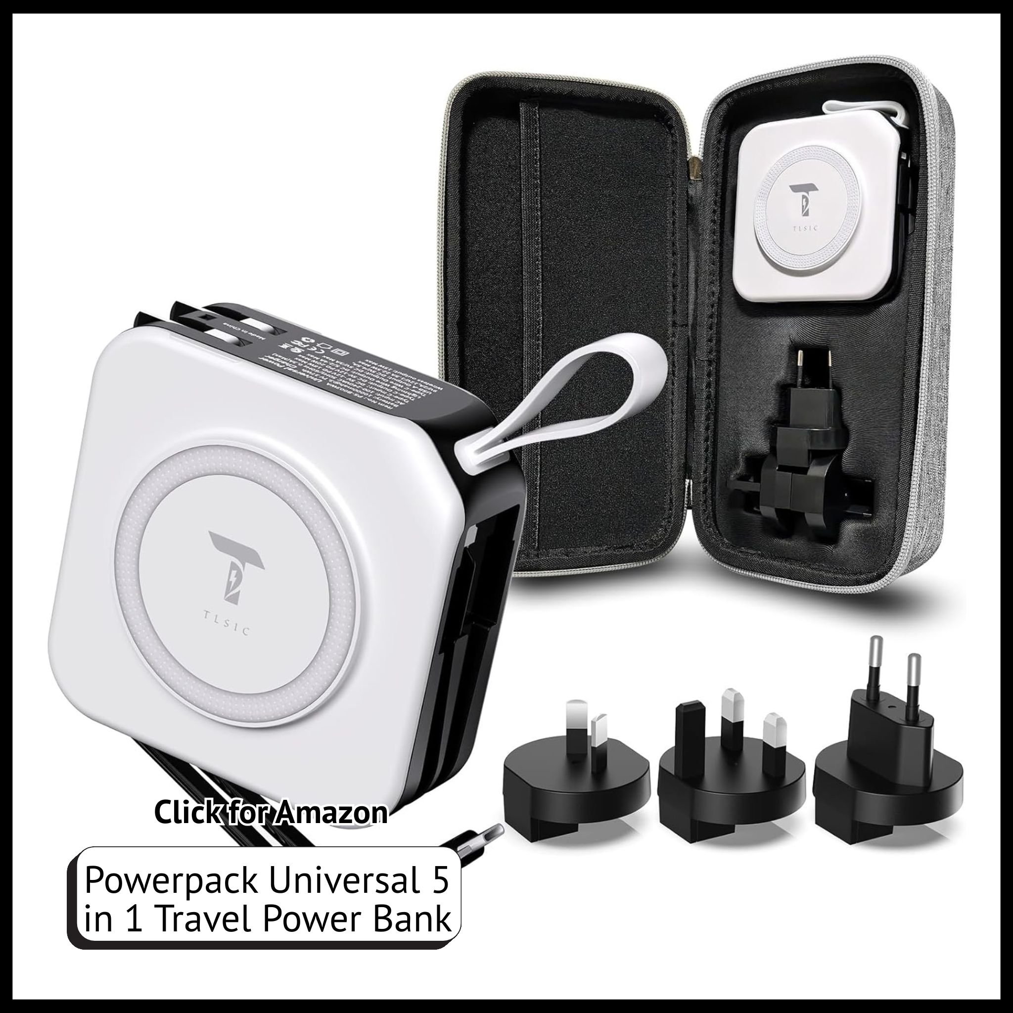 PowerPack 5-in-1 travel charger, 10,000mAh with built-in USB-C & Lightning cables, 20W PD, Qi wireless, global adapters