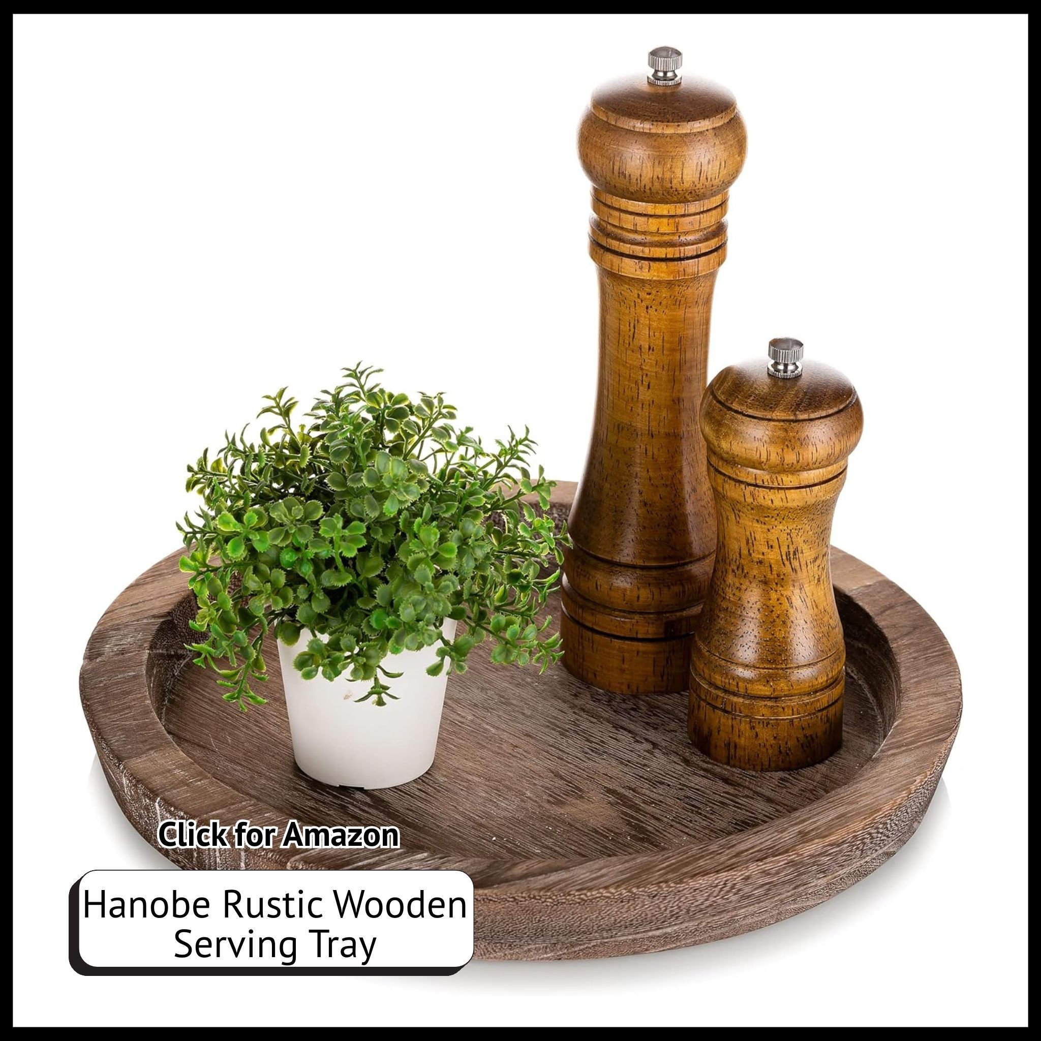 Hanobe Rustic Round Wooden Serving Tray – Decorative Wood Butler Tray for Coffee Table, Kitchen, or Living Room.
