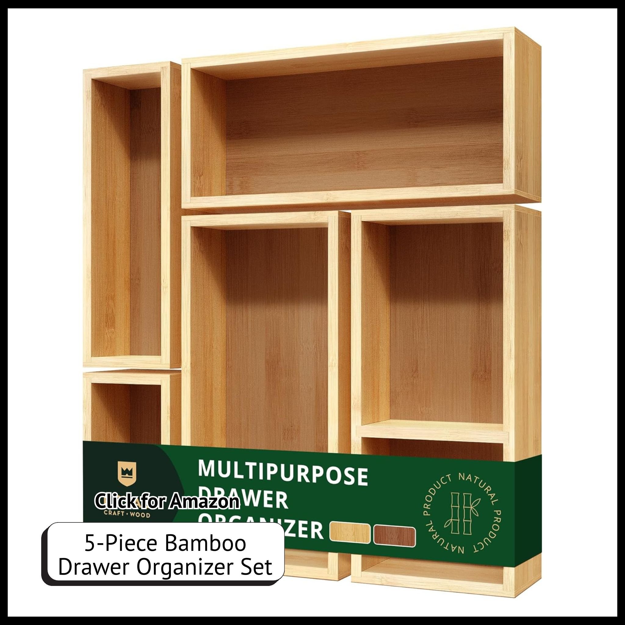 ROYAL CRAFT WOOD 5-piece bamboo drawer organizer set – eco-friendly trays for organizing kitchen, office, or bathroom drawers.