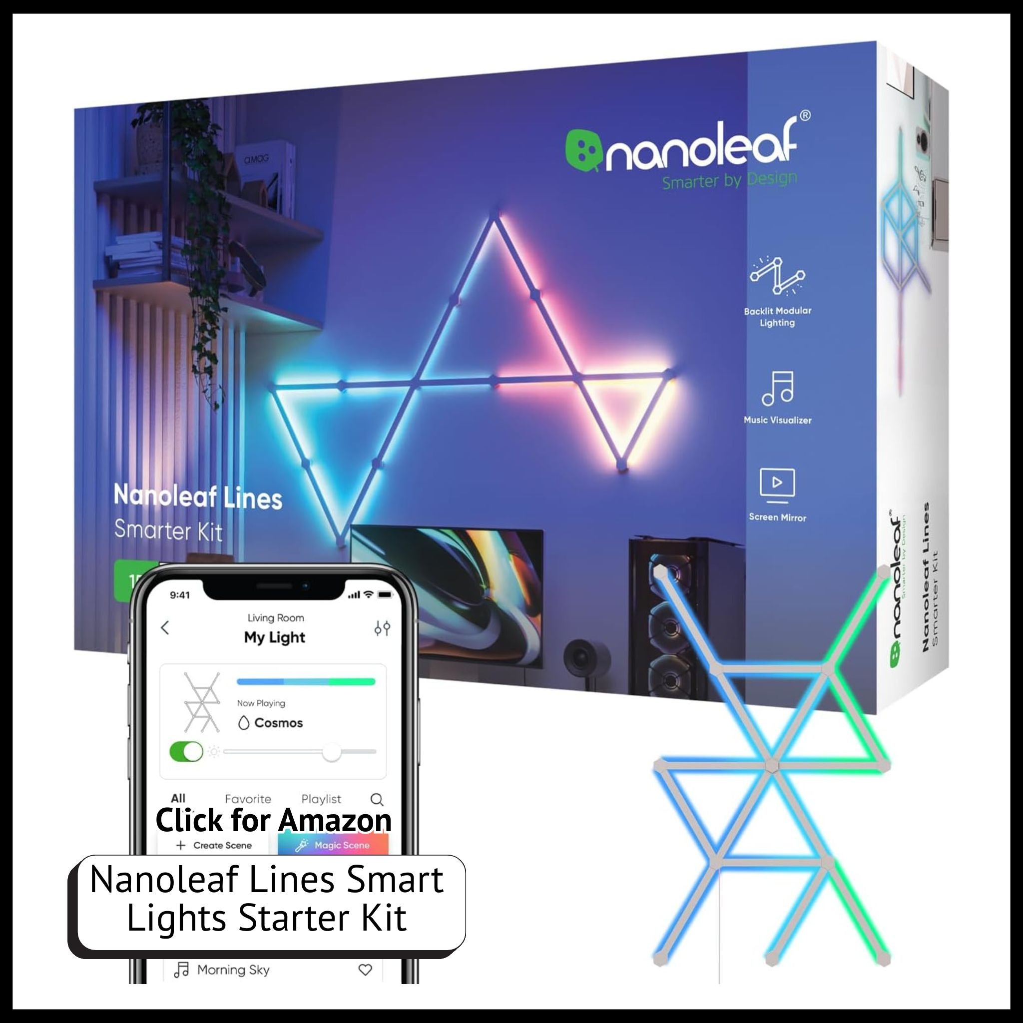 Nanoleaf Lines smart LED wall lights – Wi-Fi RGBW panels with 16M+ colors, dimmable lighting, and gaming room decor style.