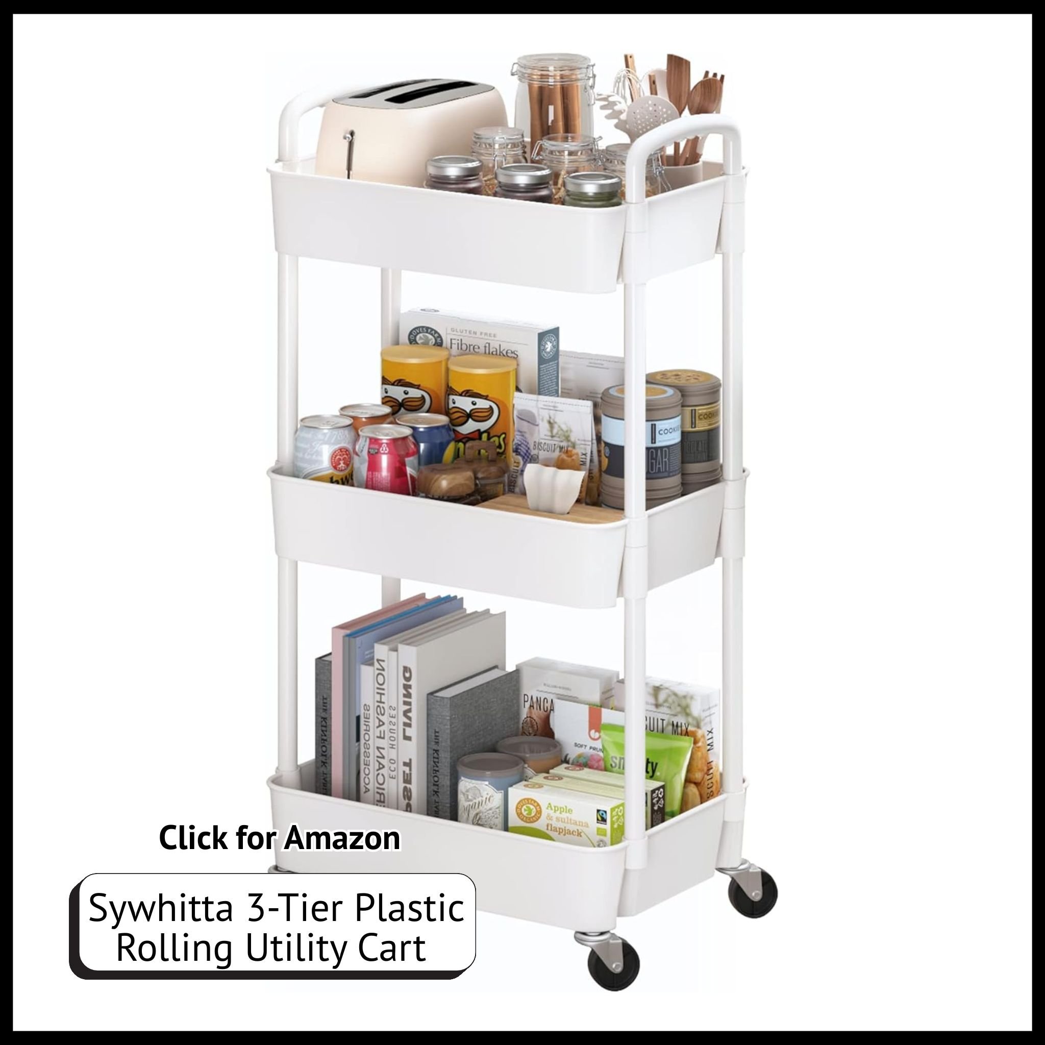 Sywhitta 3-tier plastic rolling utility cart with handle – multifunctional storage trolley for home, office, craft supplies
