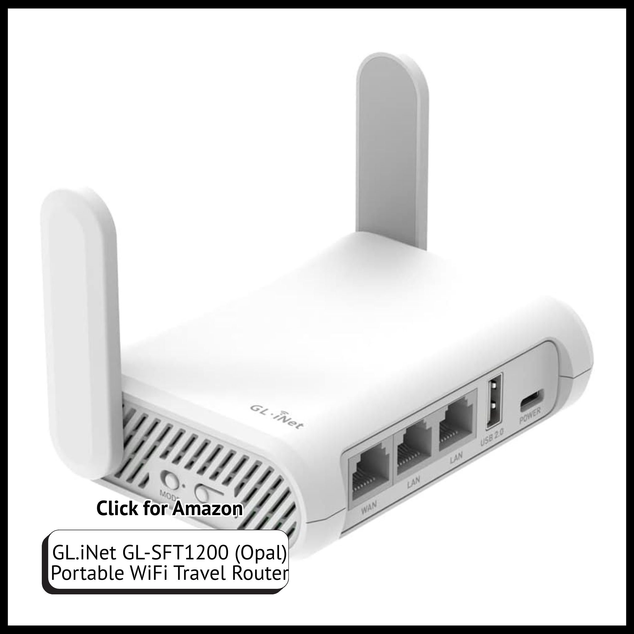 GL.iNet Opal GL-SFT1200 portable travel router with dual-band WiFi and VPN support for home, business, RV, and cruise use.