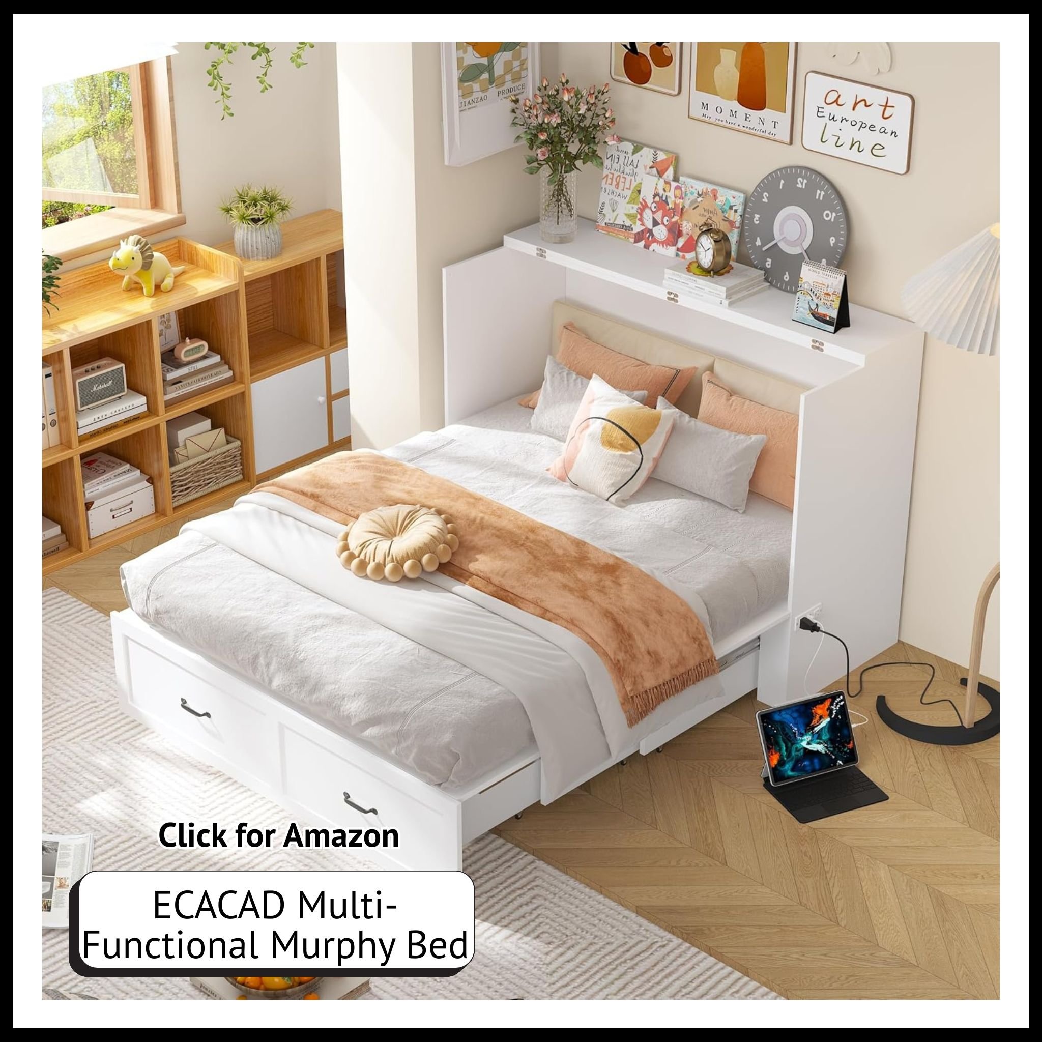 ECACAD queen Murphy cabinet bed – fold-out space-saving guest bed with chest design for multifunctional rooms.