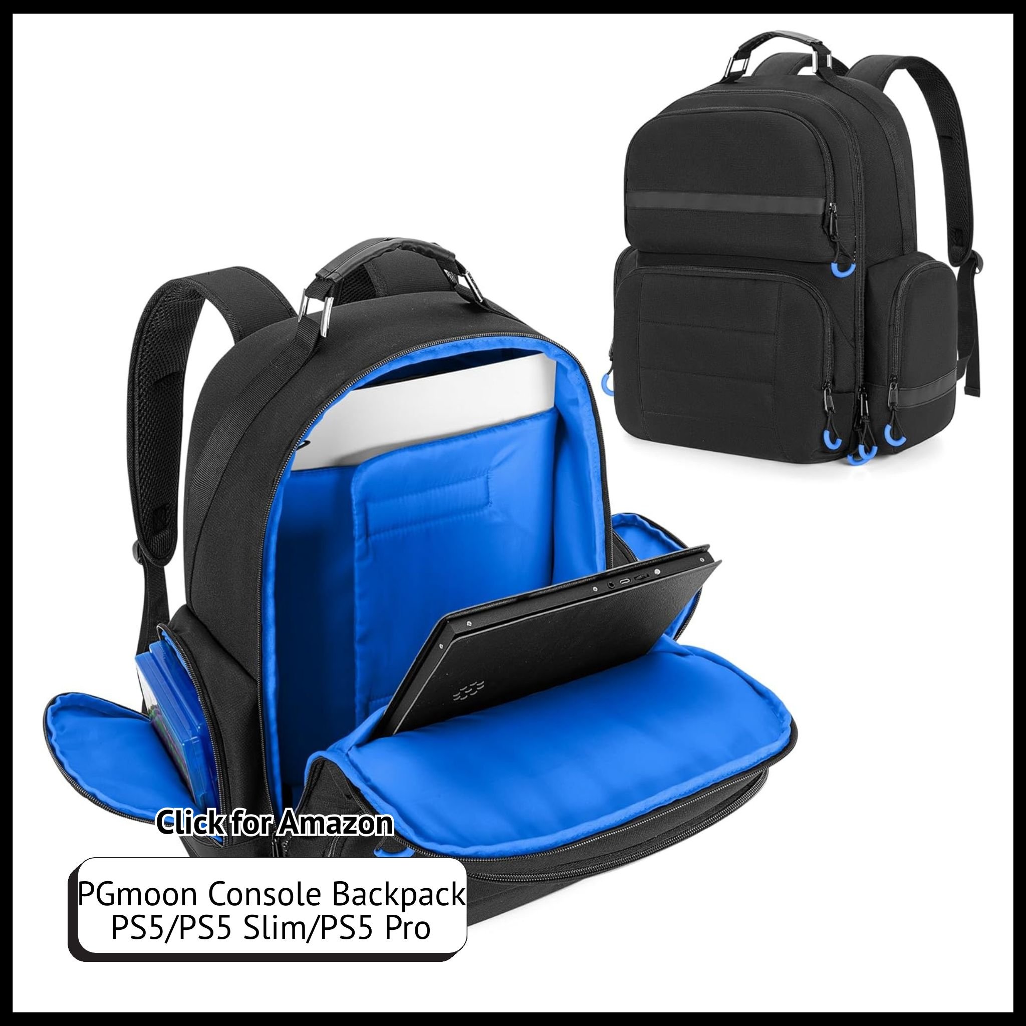 PGmoon backpack for PS5, Slim, Pro; padded liner, fits 15.6" laptop, controllers, headset, discs, cables; ergonomic straps