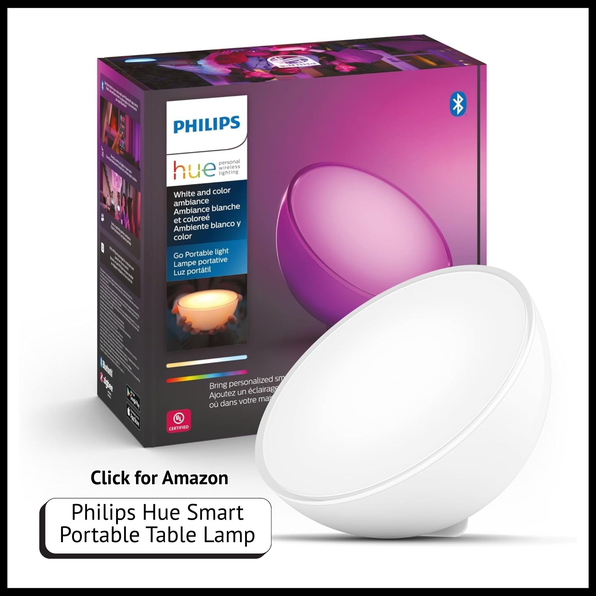 Philips Hue Go portable smart LED lamp – dimmable color-changing table light with app control for mood lighting.