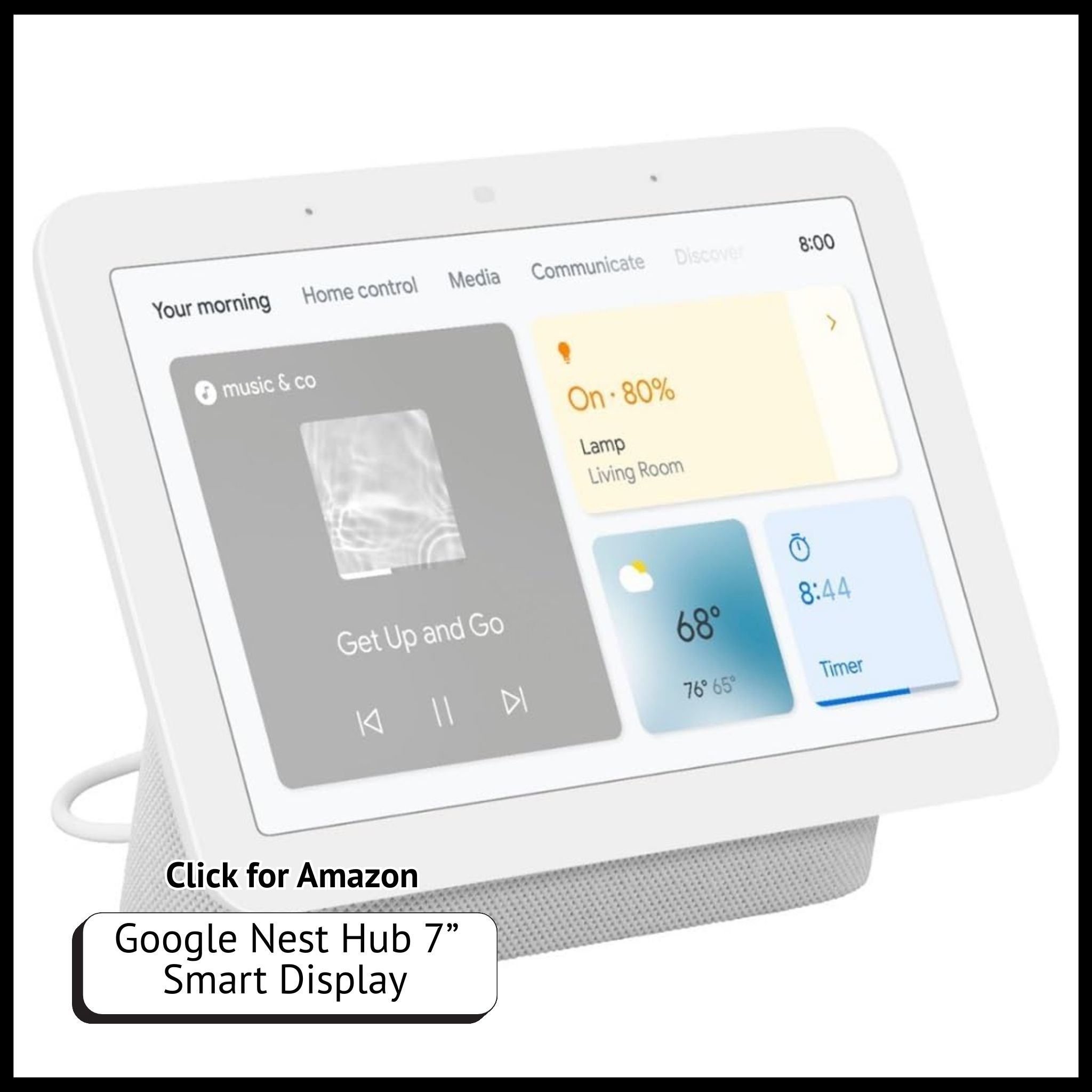 Google Nest Hub 7-inch smart display – voice-controlled home hub with Google Assistant, touchscreen, and media controls.