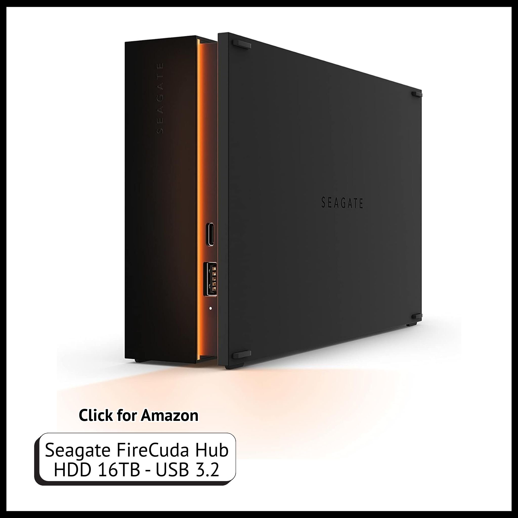 Seagate FireCuda Gaming Hub – 16TB USB 3.2 external hard drive with RGB lighting, ideal for storing large gaming libraries.